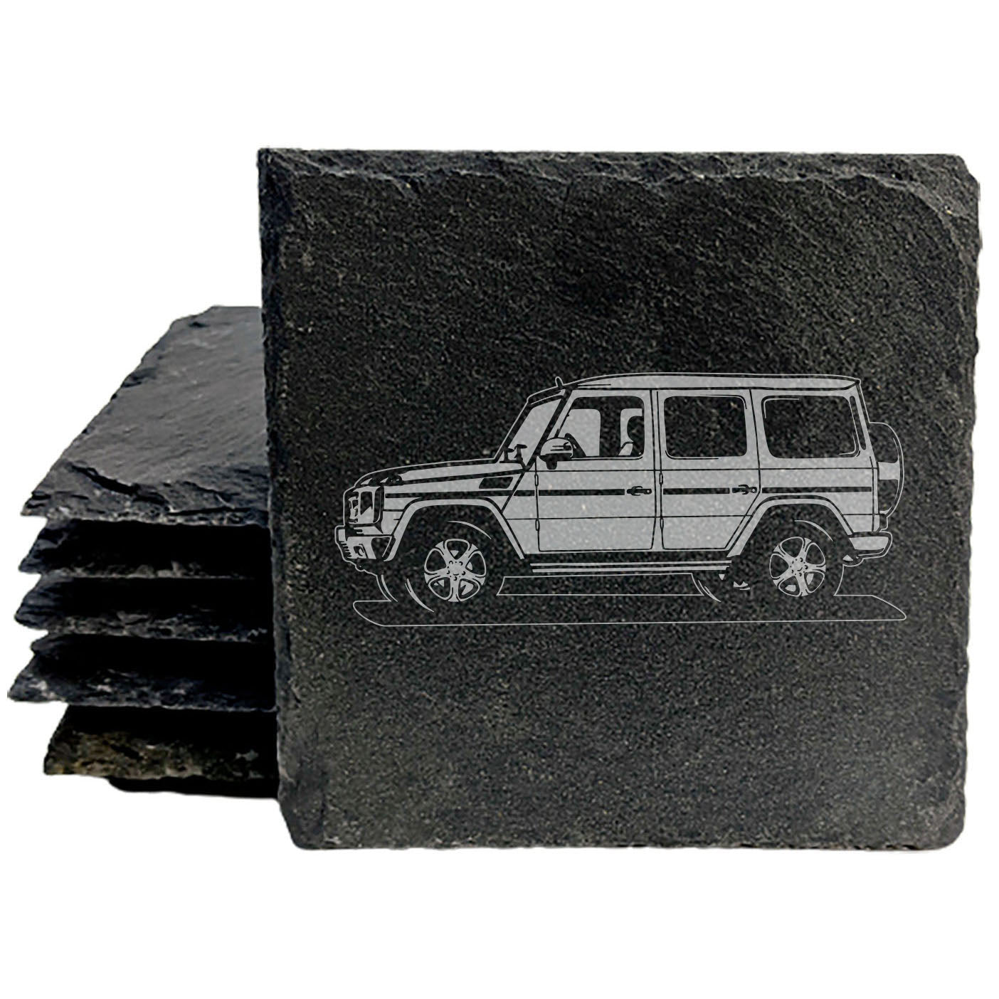 Mercedes G500 Design Rustic Gray Slate Coasters Set of 4 - Laser Etched, Natural Chipped Edge, Rubber Feet - Perfect Gift for Holidays, Birthdays, Housewarming - Made in Oregon USA by Small Business