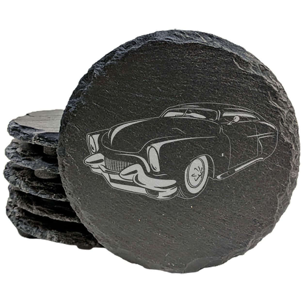 1950 Mercury Hardtop Design Rustic Gray Slate Coasters Set of 4 - Laser Etched, Natural Chipped Edge, Rubber Feet - Perfect for Holidays, Birthdays, Housewarming Gifts - Made in Oregon USA