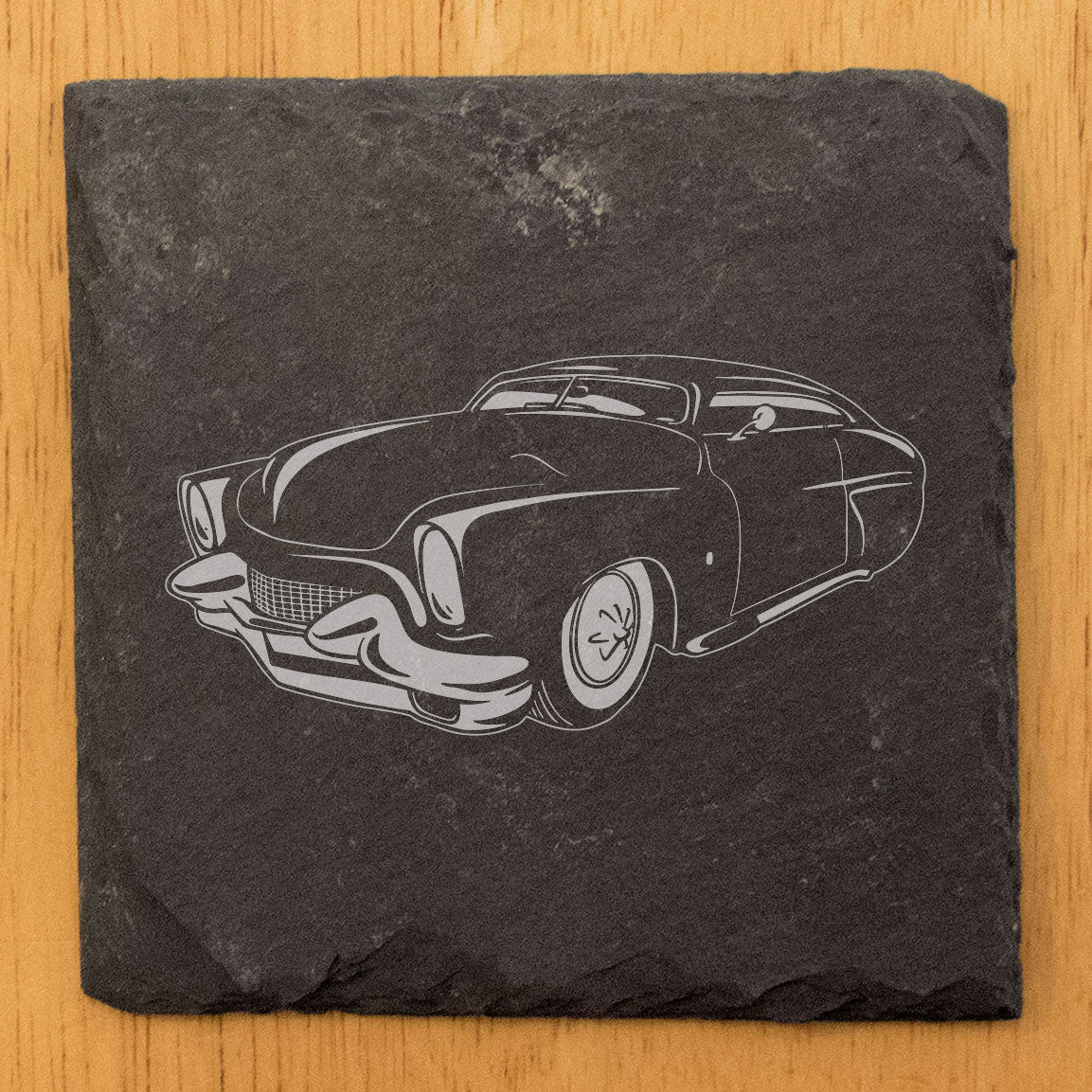 1950 Mercury Hardtop Design Rustic Gray Slate Coasters Set of 4 - Laser Etched, Natural Chipped Edge, Rubber Feet - Perfect for Holidays, Birthdays, Housewarming Gifts - Made in Oregon USA
