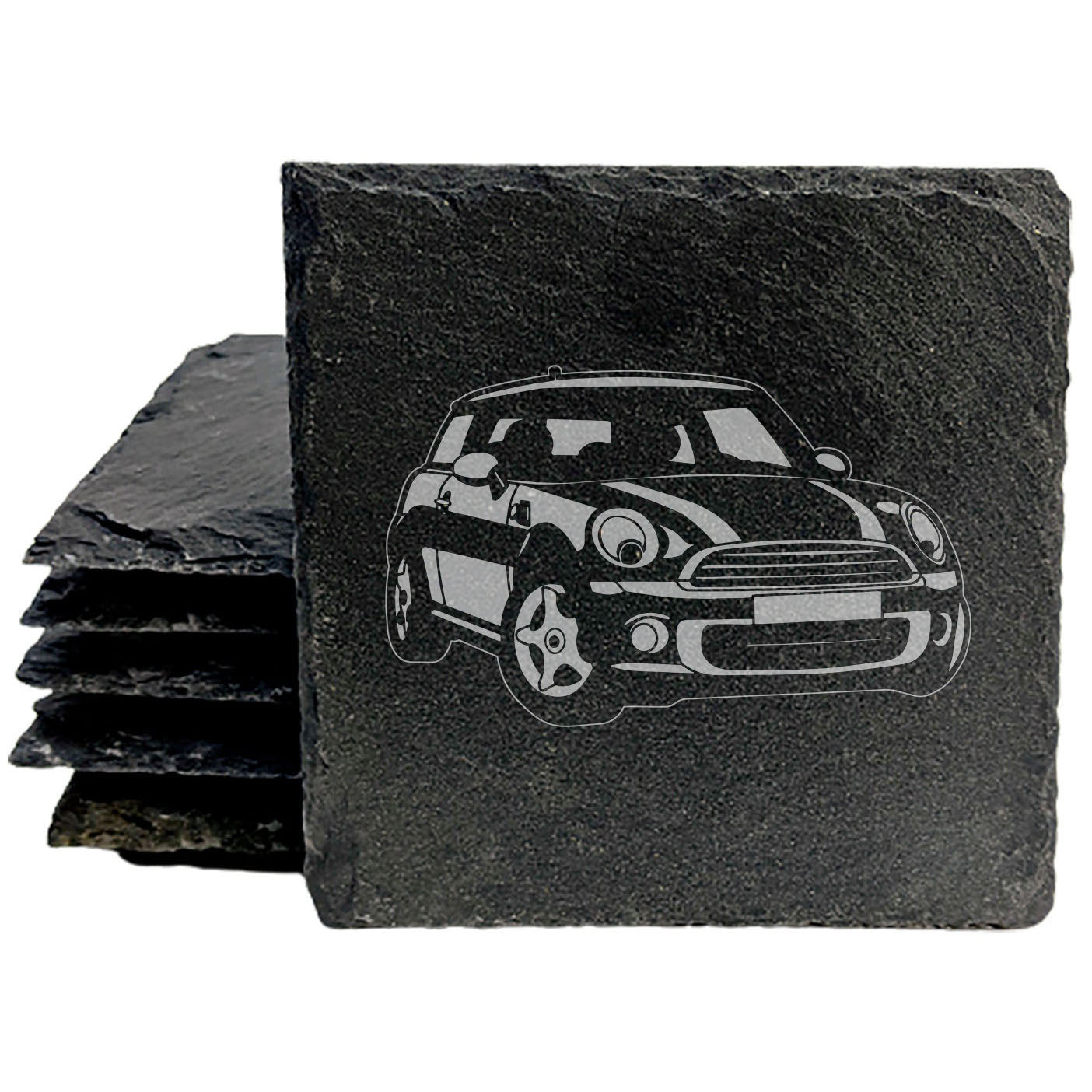 Mini Cooper Design Rustic Gray Slate Coasters Set of 6 - Laser Etched, Natural Chipped Edge, Rubber Feet - Perfect for Holidays, Birthdays, Housewarming Gifts - Made in Oregon USA by Small Business