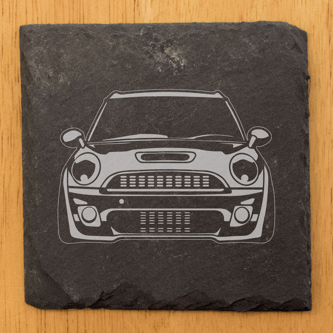 Mini Cooper Design Rustic Gray Slate Coasters Set of 6 - Laser Etched, Natural Chipped Edge, Rubber Feet - Perfect for Holidays, Birthdays, Housewarming Gifts - Made in Oregon USA by Small Business