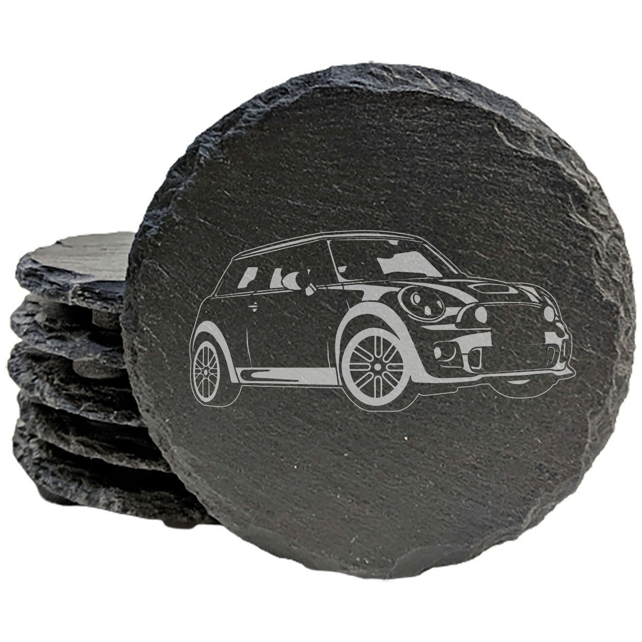 Mini Cooper Design Rustic Gray Slate Coasters Set of 6 - Laser Etched, Natural Chipped Edge, Rubber Feet - Perfect for Holidays, Birthdays, Housewarming Gifts - Made in Oregon USA by Small Business
