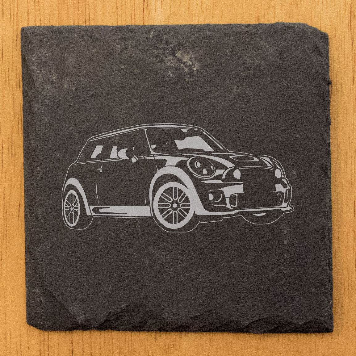 Mini Cooper Design Rustic Gray Slate Coasters Set of 6 - Laser Etched, Natural Chipped Edge, Rubber Feet - Perfect for Holidays, Birthdays, Housewarming Gifts - Made in Oregon USA by Small Business