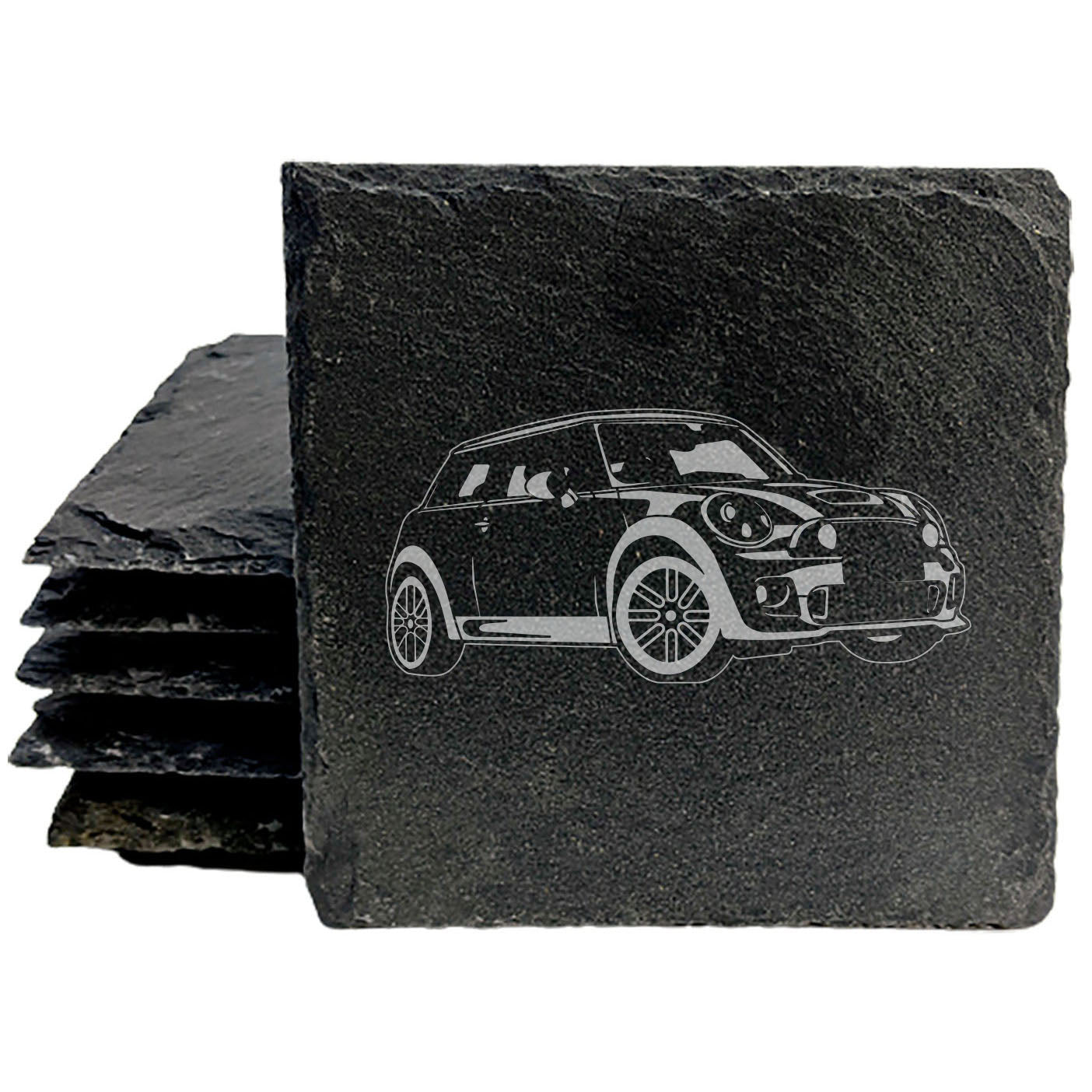Mini Cooper Design Rustic Gray Slate Coasters Set of 6 - Laser Etched, Natural Chipped Edge, Rubber Feet - Perfect for Holidays, Birthdays, Housewarming Gifts - Made in Oregon USA by Small Business