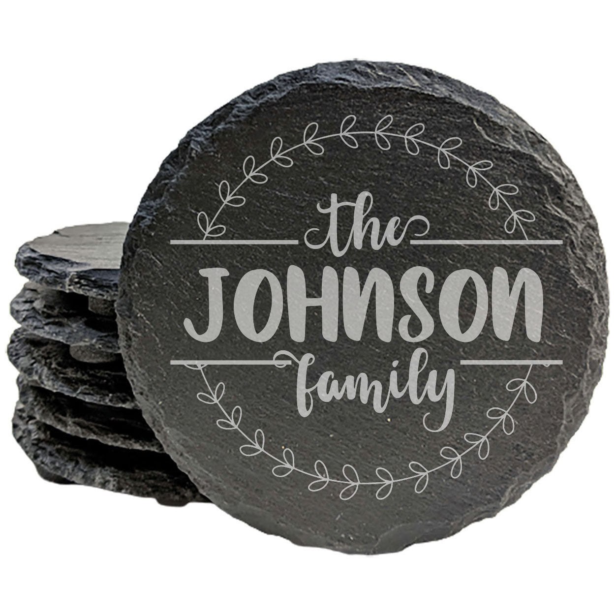 Coasters for the Family: Round Split Monogram Slate Drink Coasters with Flowers