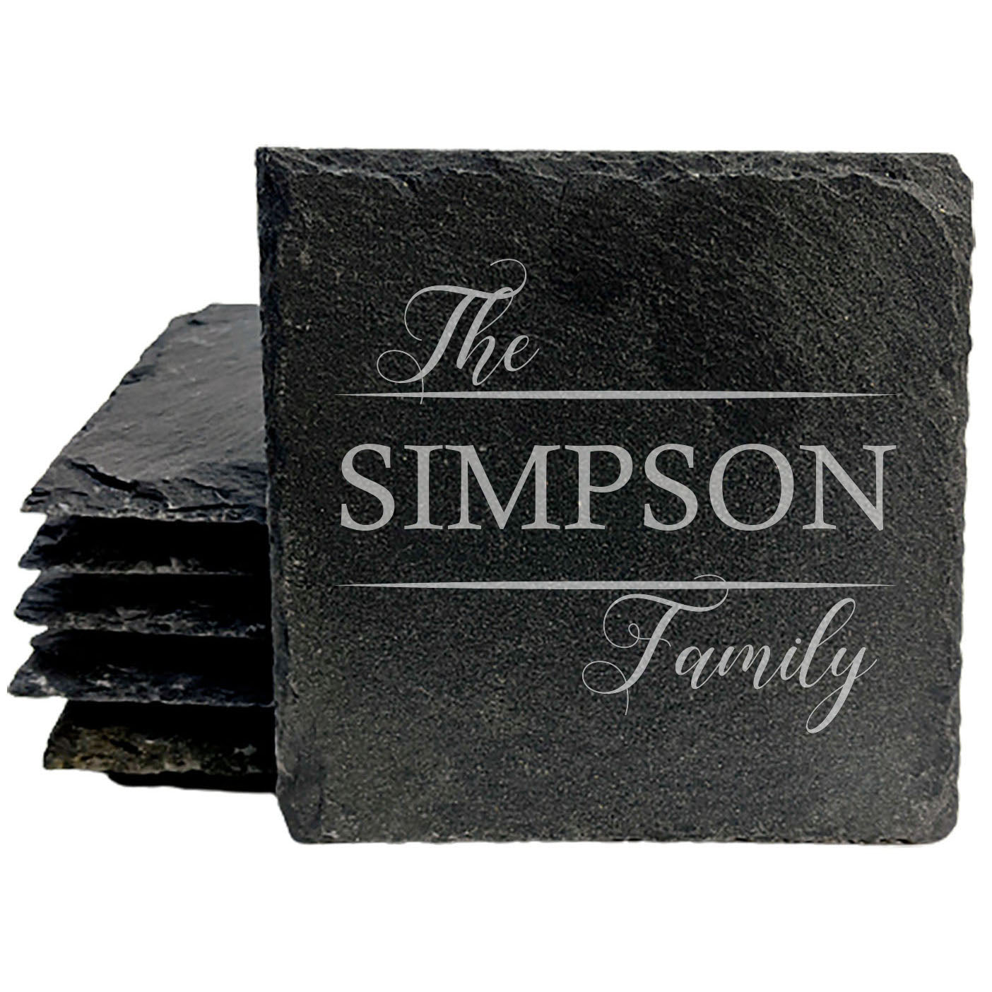 Coasters for the Family: Round Split Monogram Slate Drink Coasters with Fancy Script