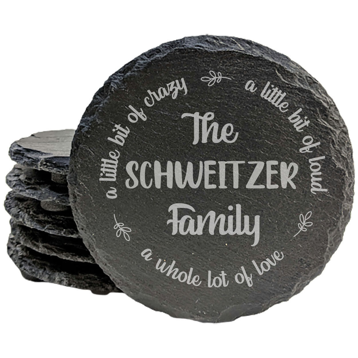 Personalized Slate Coasters | Family Name Monogram | "A Little Bit of Crazy, Loud, and Love" | Ideal for Holidays, Birthdays, Housewarming