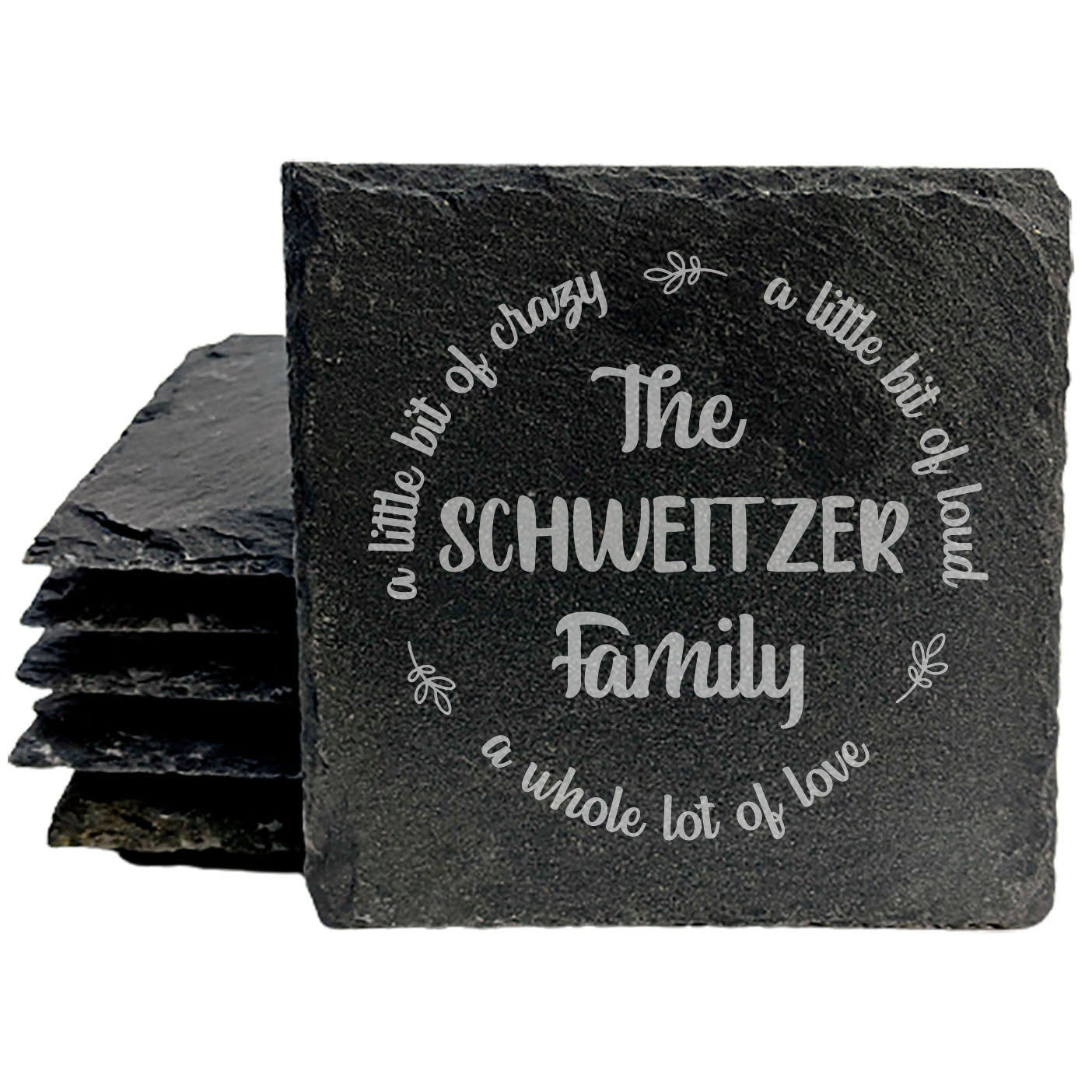 Personalized Slate Coasters | Family Name Monogram | "A Little Bit of Crazy, Loud, and Love" | Ideal for Holidays, Birthdays, Housewarming