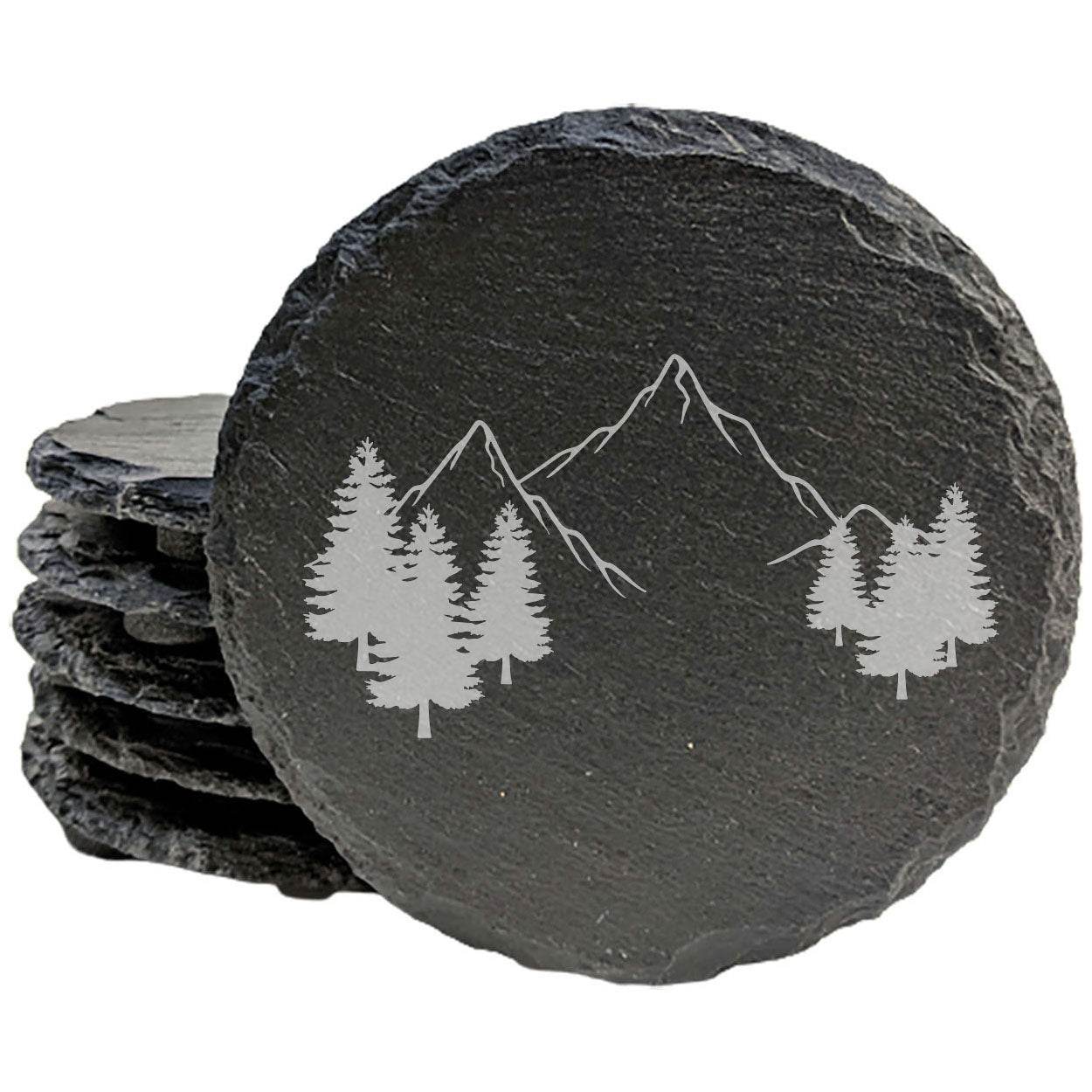 "Mountain Majesty" Slate Coasters with Stunning Mountain Scene Design - Perfect for Home and Office Decor and Protection of Surfaces, available in square or round Coasters