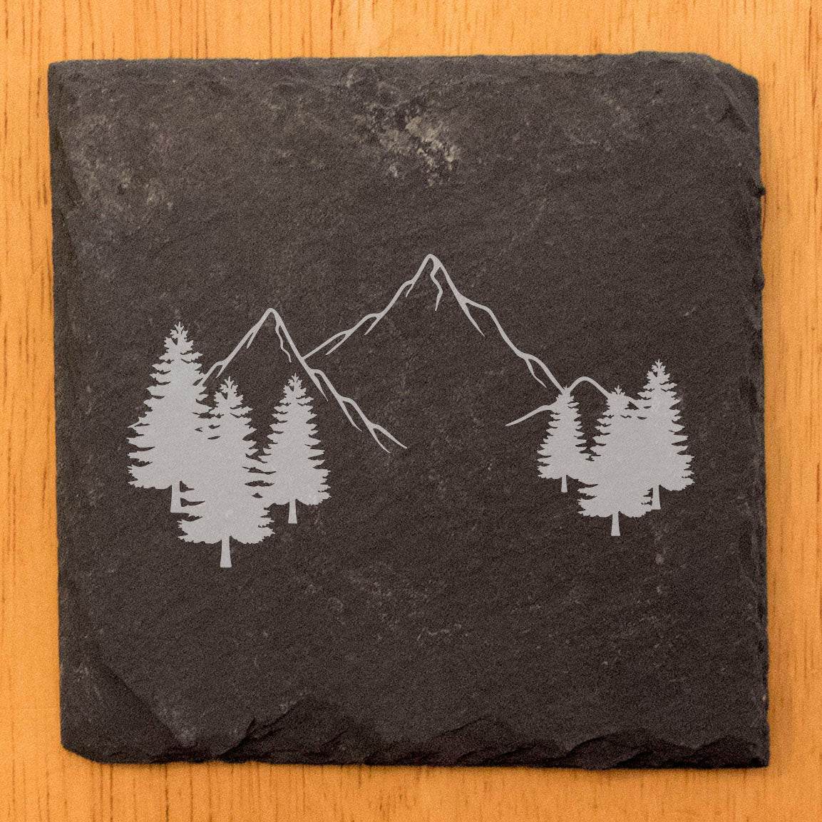 "Mountain Majesty" Slate Coasters with Stunning Mountain Scene Design - Perfect for Home and Office Decor and Protection of Surfaces, available in square or round Coasters