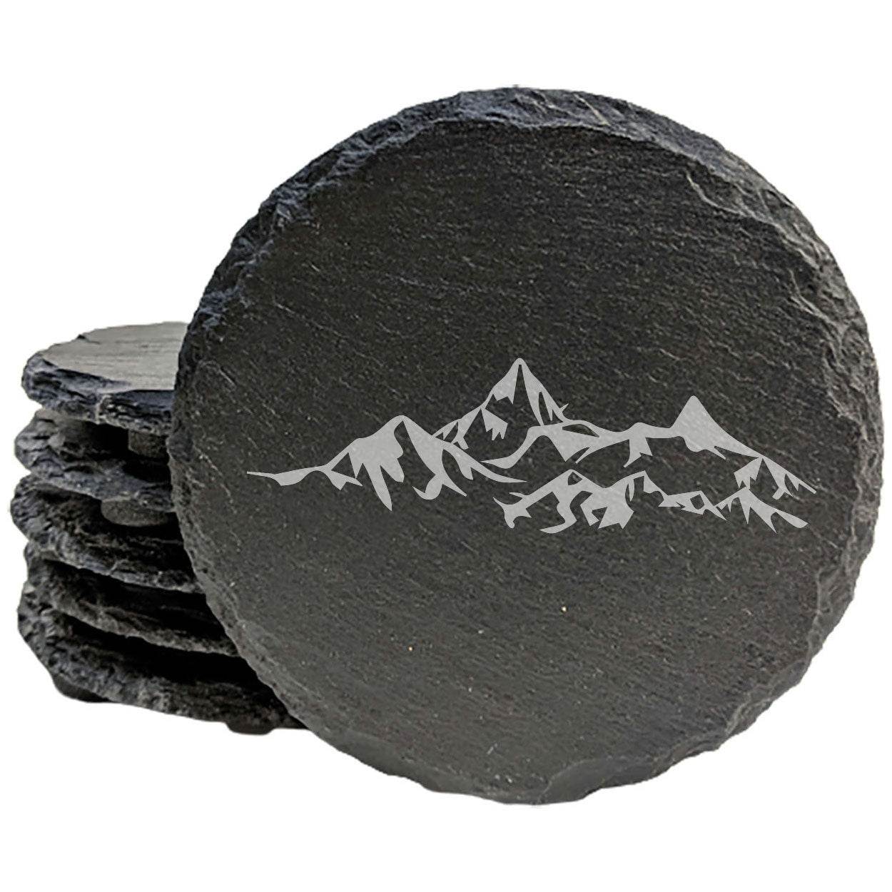 "Mountain Majesty" Slate Coasters with Stunning Mountain Scene Design - Perfect for Home and Office Decor and Protection of Surfaces, available in square or round Coasters
