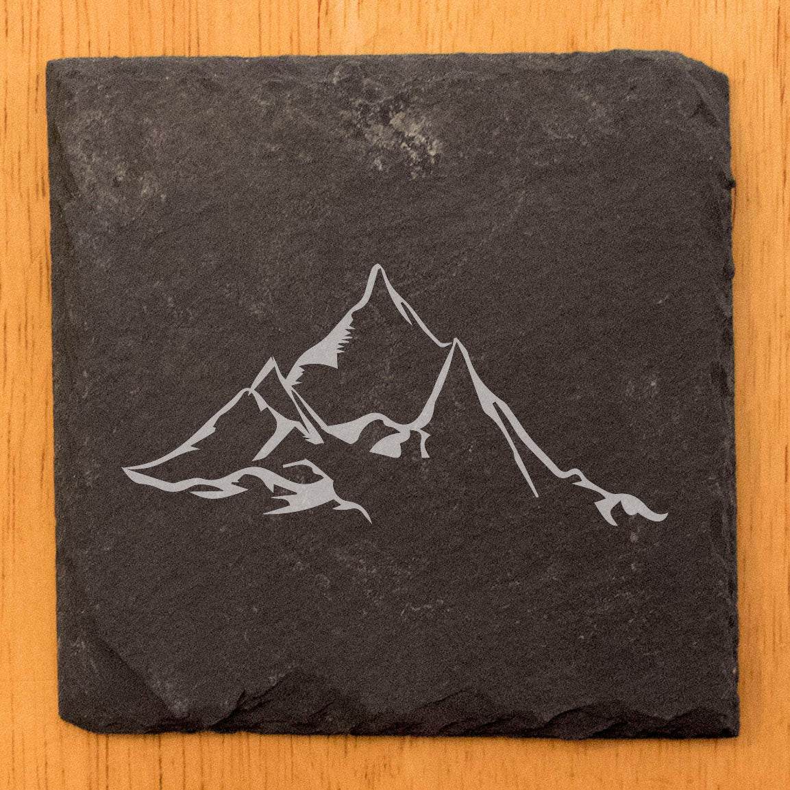 "Mountain Majesty" Slate Coasters with Stunning Mountain Scene Design - Perfect for Home and Office Decor and Protection of Surfaces, available in square or round Coasters