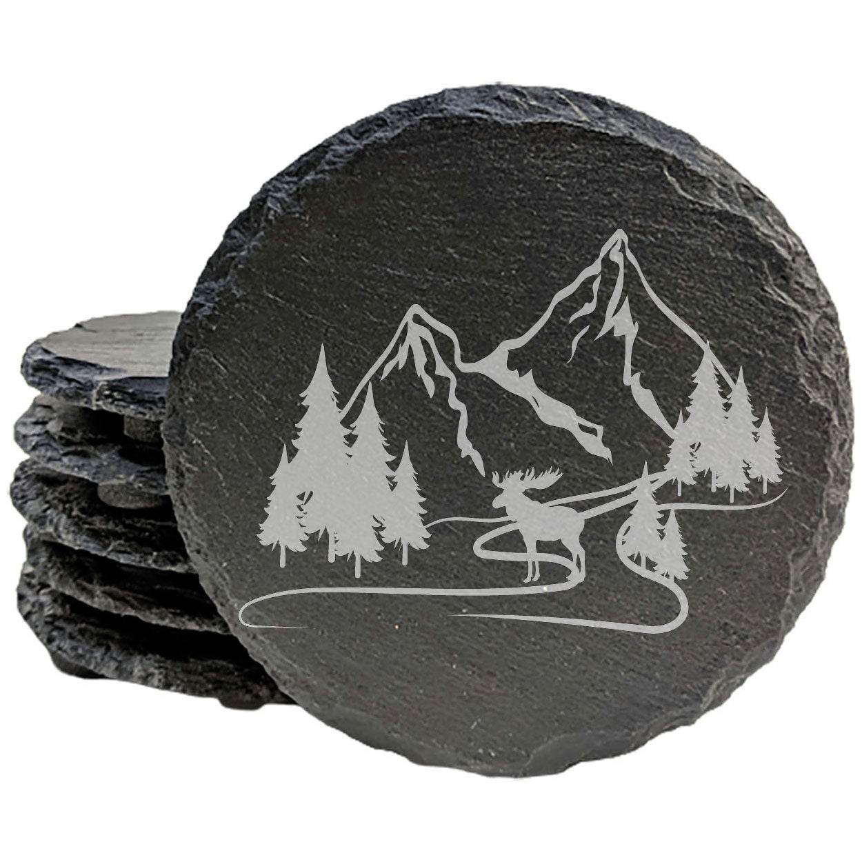 "Mountain Majesty" Slate Coasters with Stunning Mountain Scene Design - Perfect for Home and Office Decor and Protection of Surfaces, available in square or round Coasters