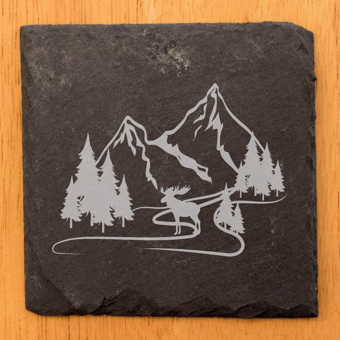 "Mountain Majesty" Slate Coasters with Stunning Mountain Scene Design - Perfect for Home and Office Decor and Protection of Surfaces, available in square or round Coasters