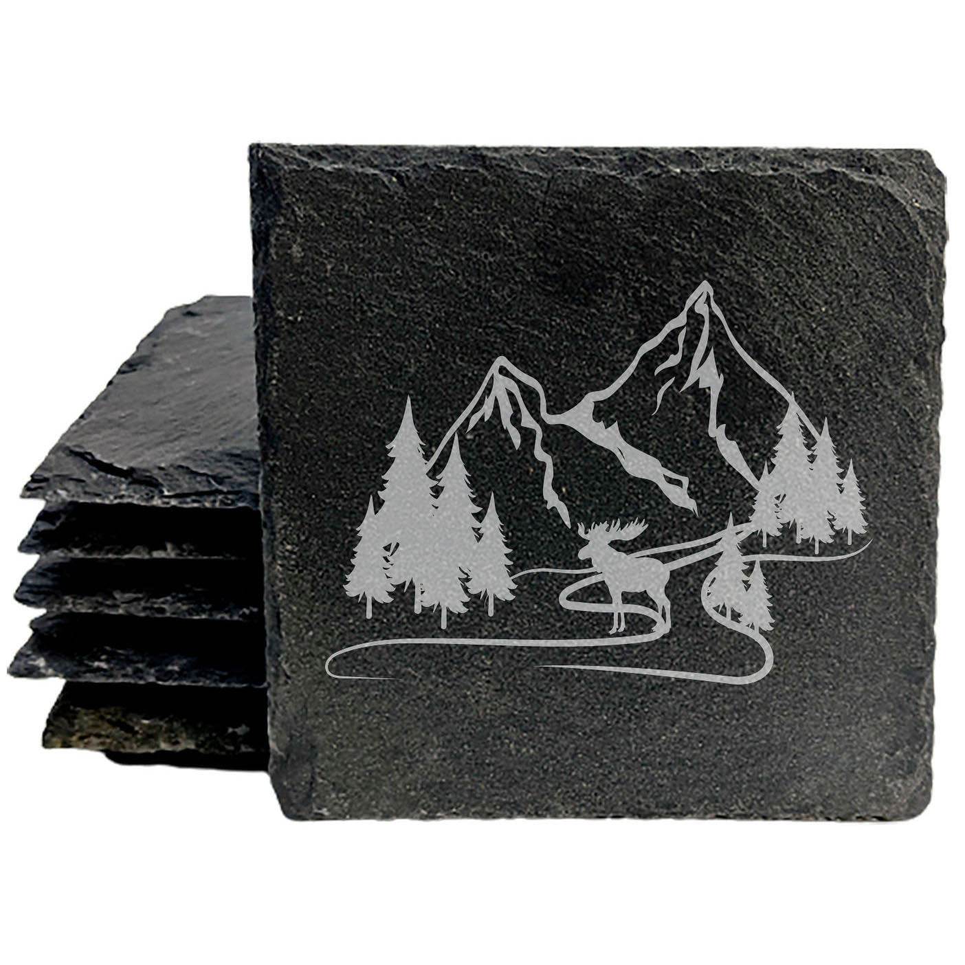 "Mountain Majesty" Slate Coasters with Stunning Mountain Scene Design - Perfect for Home and Office Decor and Protection of Surfaces, available in square or round Coasters