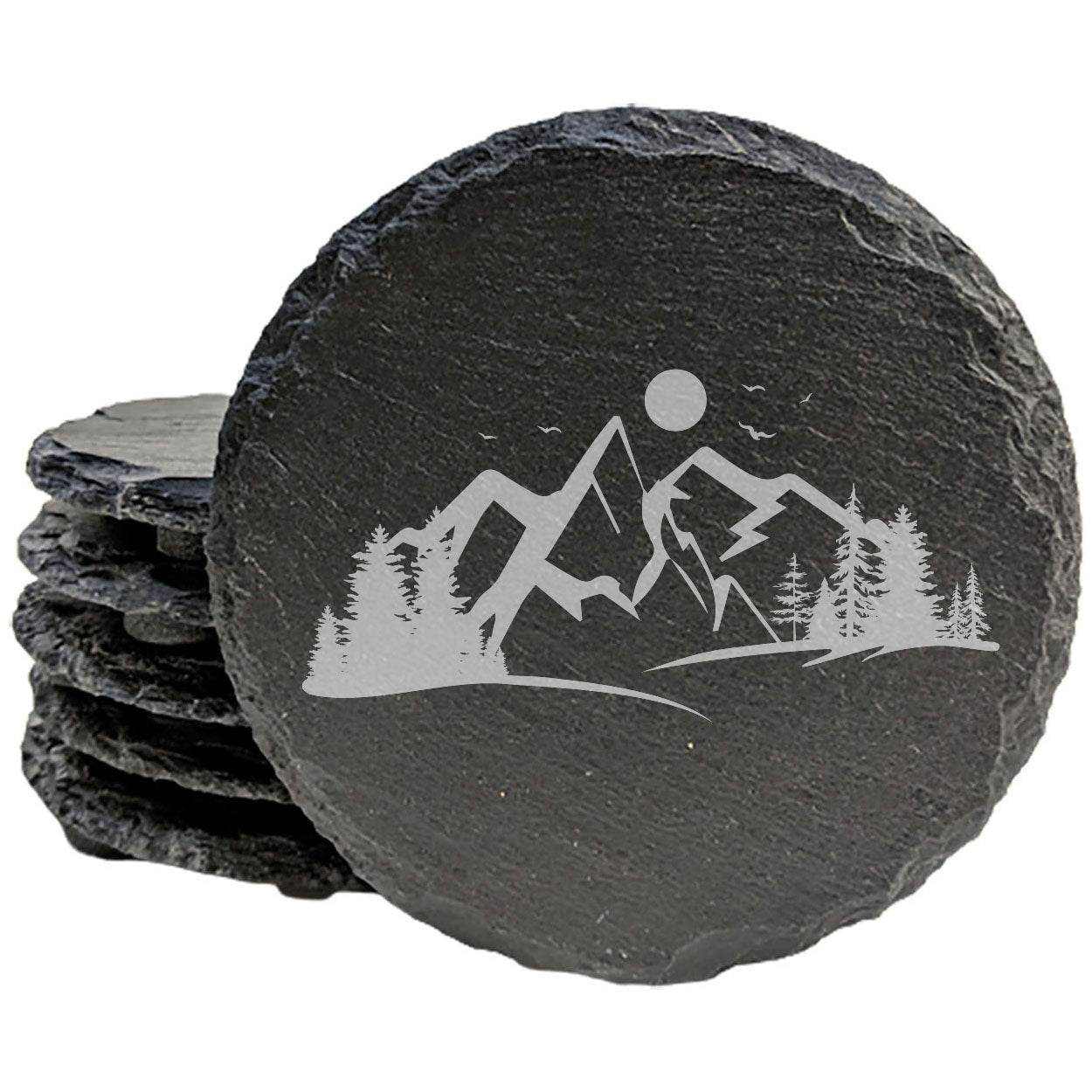 "Mountain Majesty" Slate Coasters with Stunning Mountain Scene Design - Perfect for Home and Office Decor and Protection of Surfaces, available in square or round Coasters