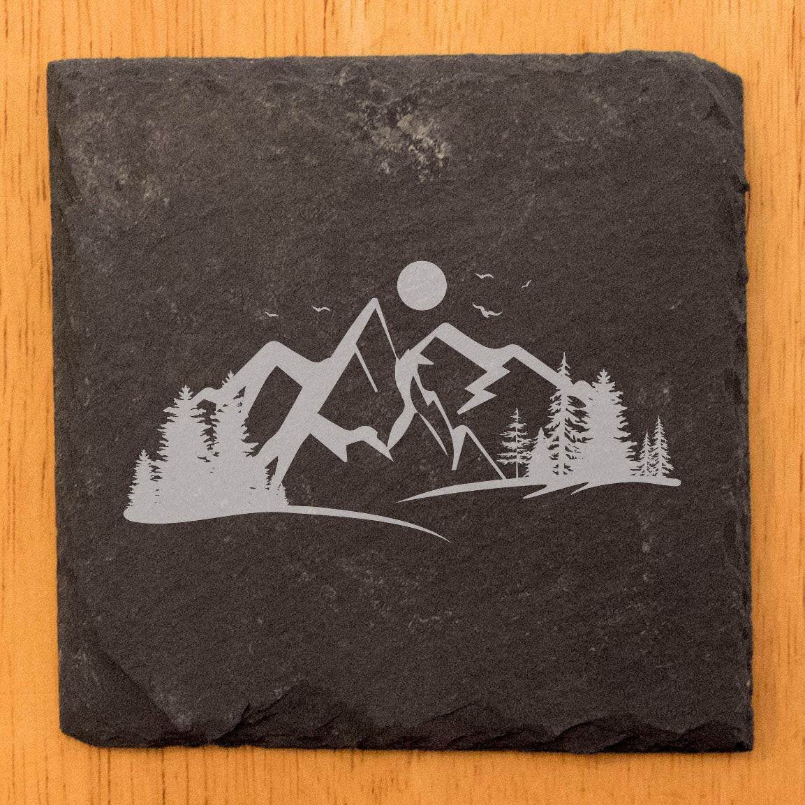 "Mountain Majesty" Slate Coasters with Stunning Mountain Scene Design - Perfect for Home and Office Decor and Protection of Surfaces, available in square or round Coasters