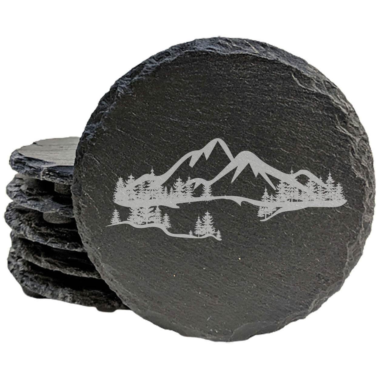 "Mountain Majesty" Slate Coasters with Stunning Mountain Scene Design - Perfect for Home and Office Decor and Protection of Surfaces, available in square or round Coasters