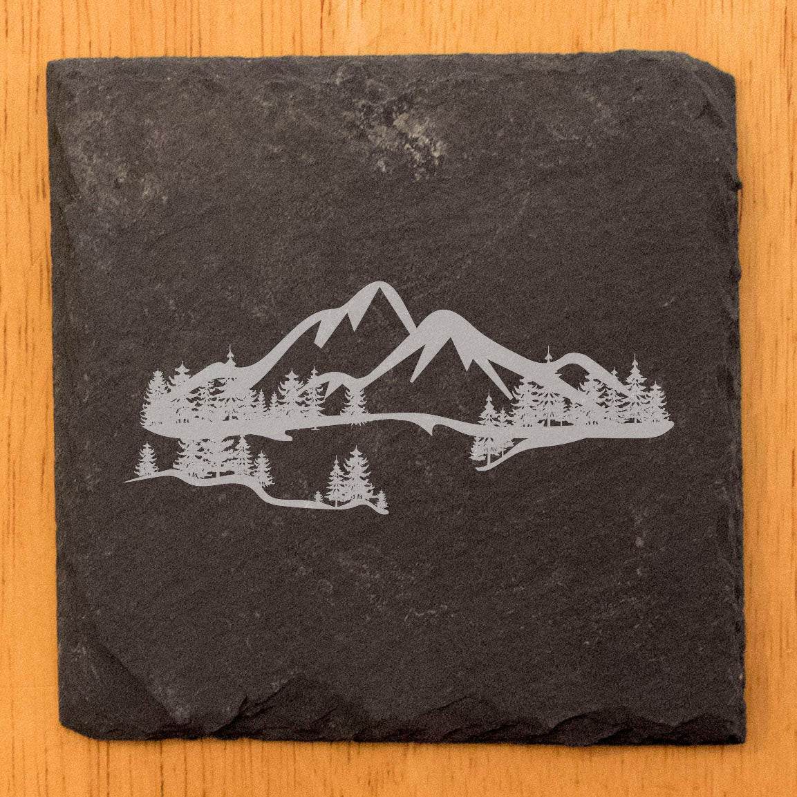 "Mountain Majesty" Slate Coasters with Stunning Mountain Scene Design - Perfect for Home and Office Decor and Protection of Surfaces, available in square or round Coasters