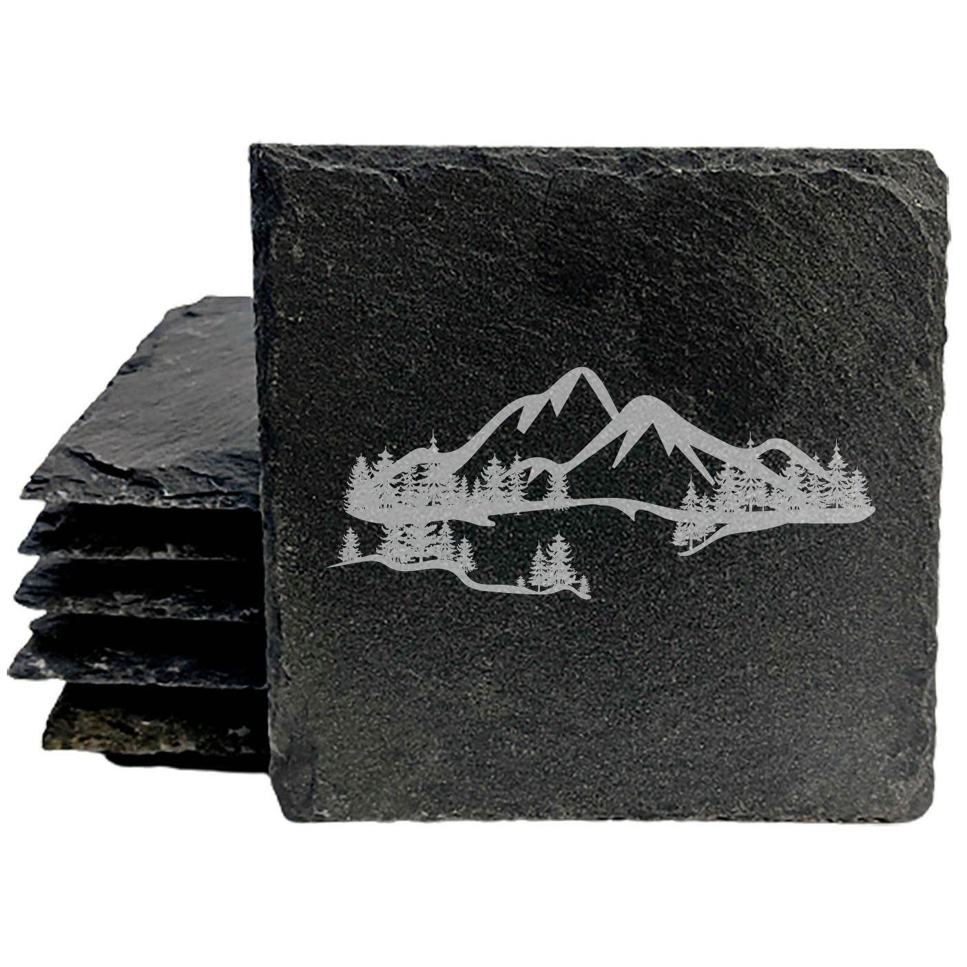 "Mountain Majesty" Slate Coasters with Stunning Mountain Scene Design - Perfect for Home and Office Decor and Protection of Surfaces, available in square or round Coasters