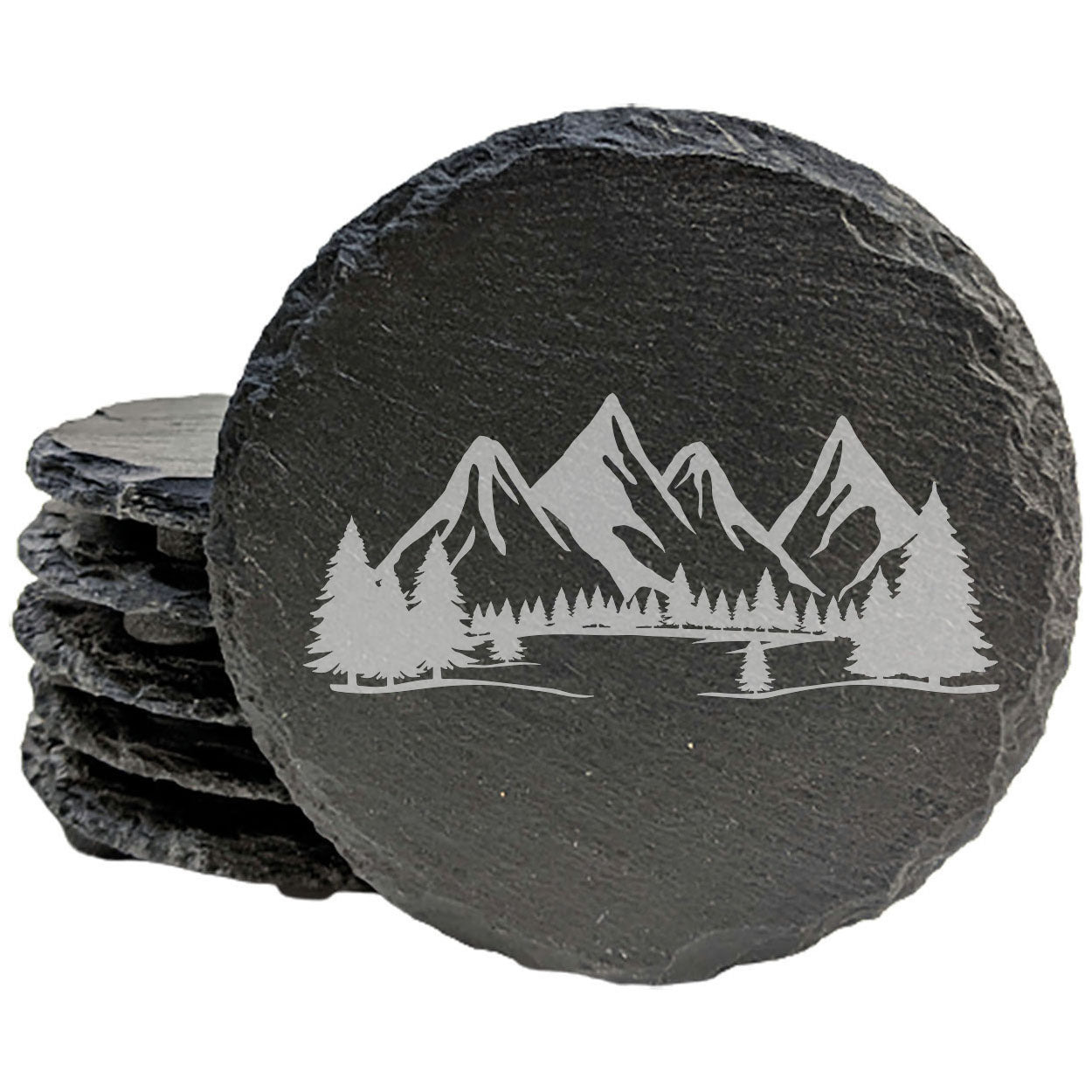 "Mountain Majesty" Slate Coasters with Stunning Mountain Scene Design - Perfect for Home and Office Decor and Protection of Surfaces, available in square or round Coasters