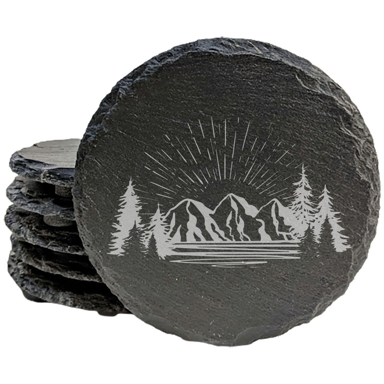 "Mountain Majesty" Slate Coasters with Stunning Mountain Scene Design - Perfect for Home and Office Decor and Protection of Surfaces, available in square or round Coasters