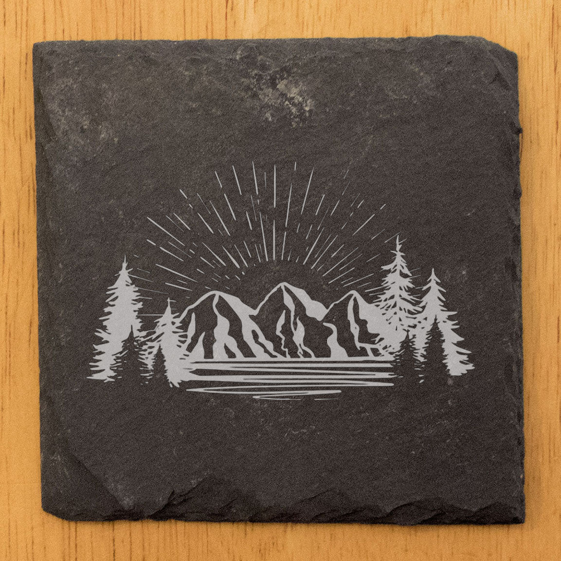 "Mountain Majesty" Slate Coasters with Stunning Mountain Scene Design - Perfect for Home and Office Decor and Protection of Surfaces, available in square or round Coasters