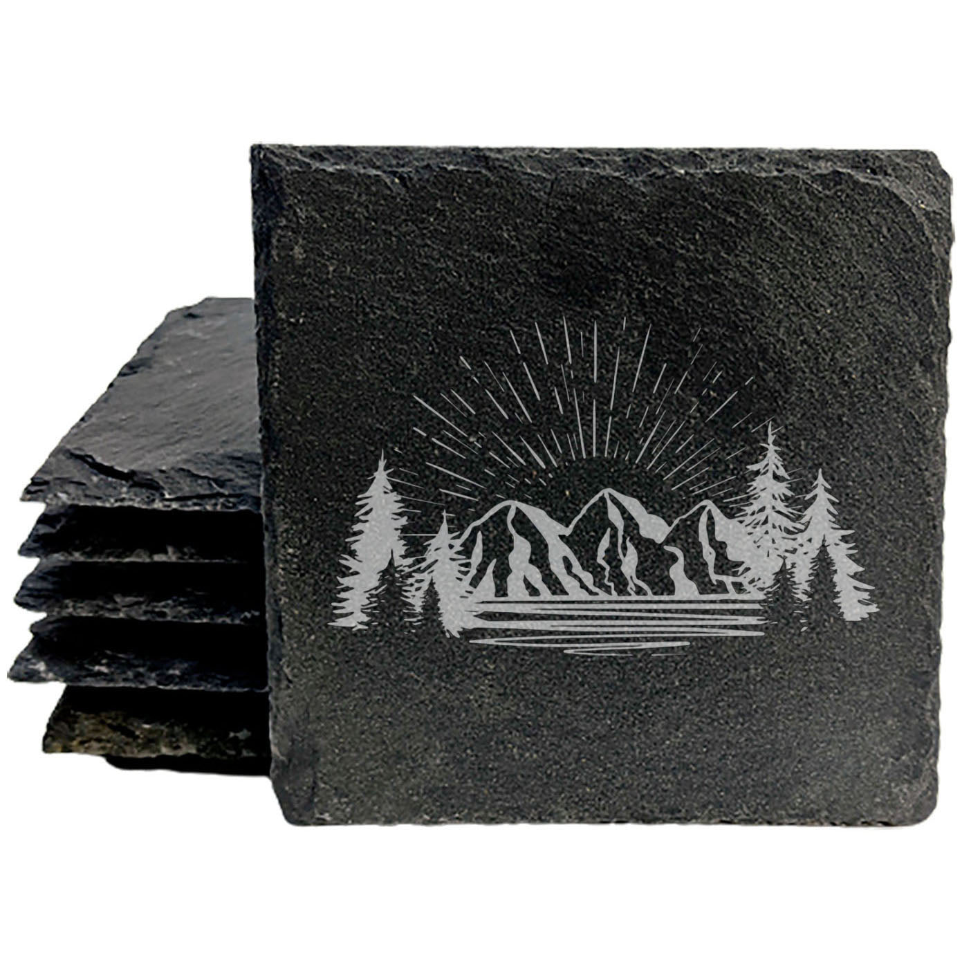 "Mountain Majesty" Slate Coasters with Stunning Mountain Scene Design - Perfect for Home and Office Decor and Protection of Surfaces, available in square or round Coasters