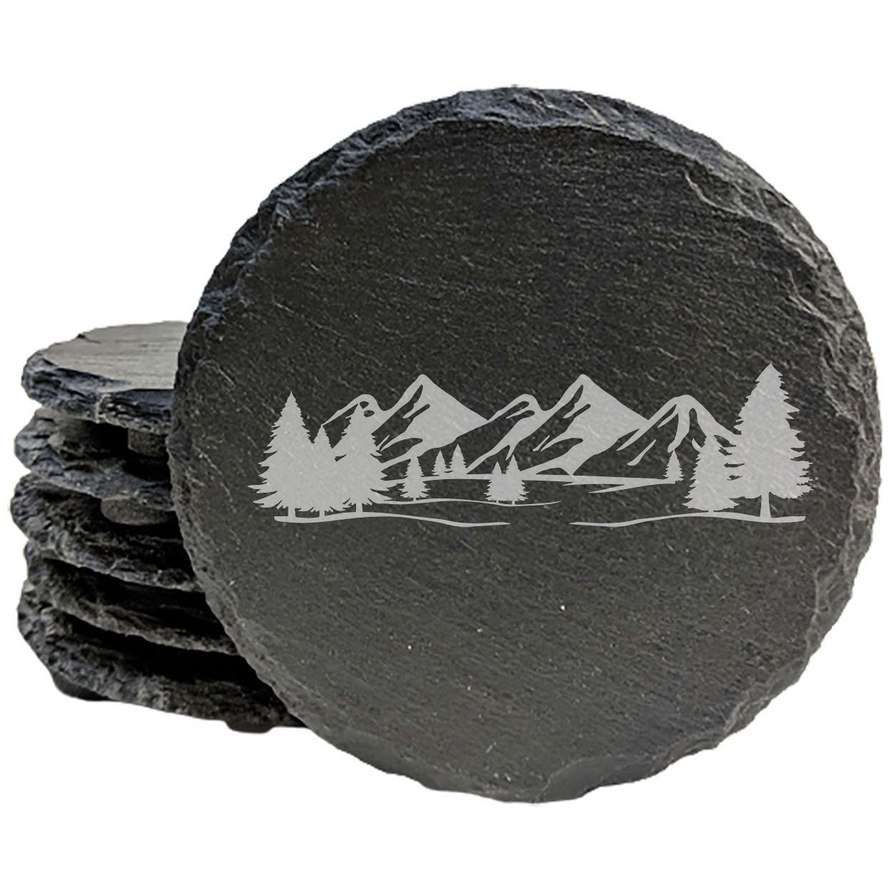 "Mountain Majesty" Slate Coasters with Stunning Mountain Scene Design - Perfect for Home and Office Decor and Protection of Surfaces, available in square or round Coasters