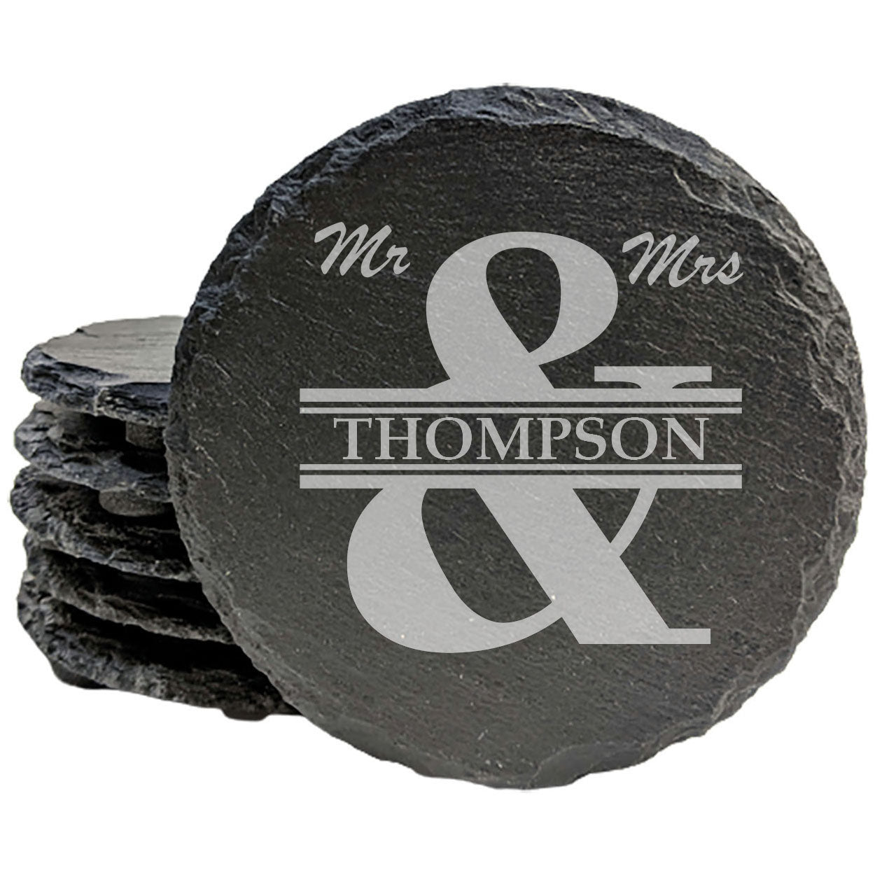 Coasters for Two: Round Split Monogram Slate Drink Coasters