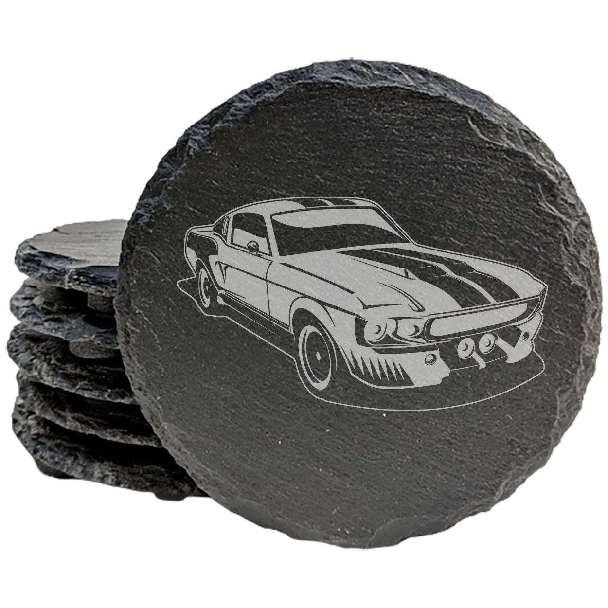 Premium Rustic Slate Coasters Set with Laser-Etched Ford Mustang Design | Stylish Drink Coasters for Home Decor and Car Enthusiasts