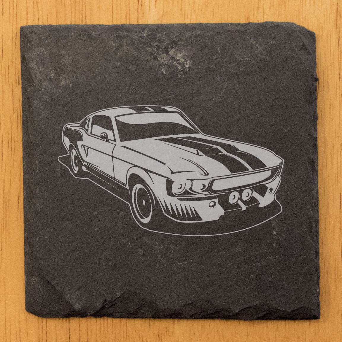 Premium Rustic Slate Coasters Set with Laser-Etched Ford Mustang Design | Stylish Drink Coasters for Home Decor and Car Enthusiasts