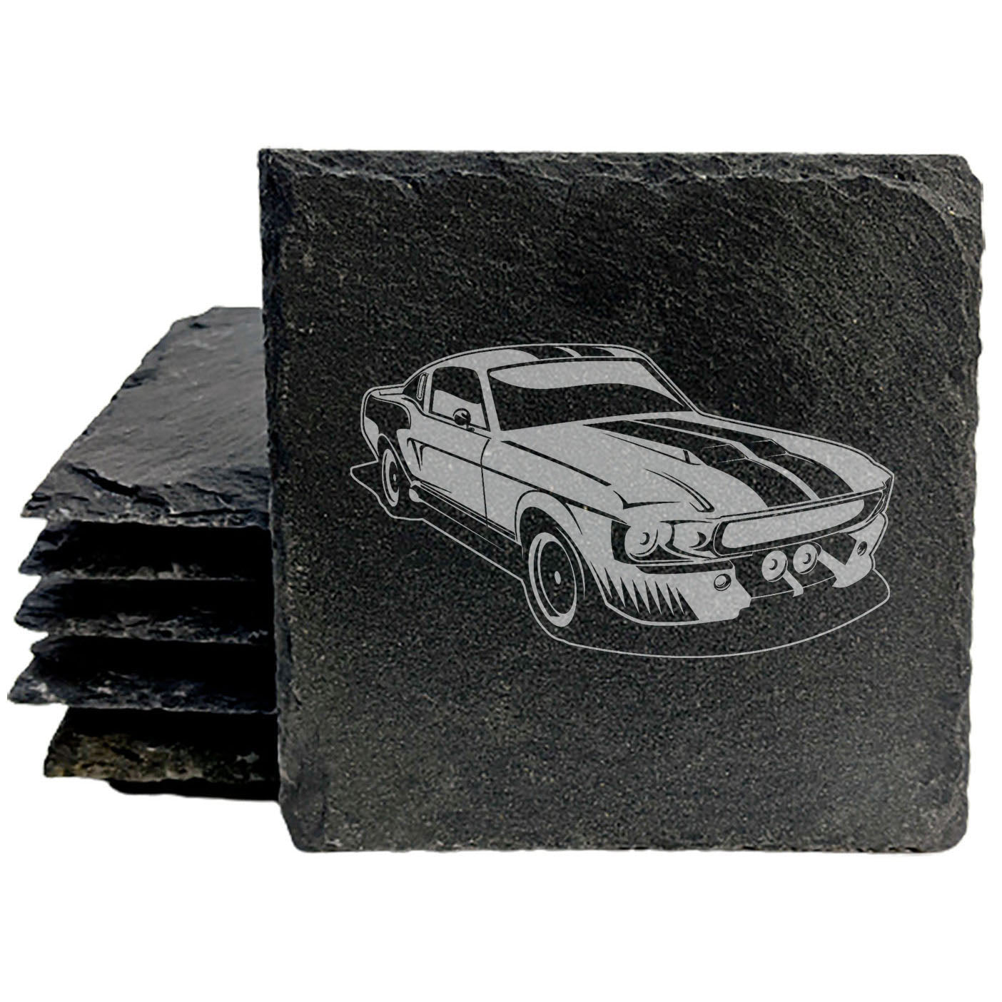 Premium Rustic Slate Coasters Set with Laser-Etched Ford Mustang Design | Stylish Drink Coasters for Home Decor and Car Enthusiasts