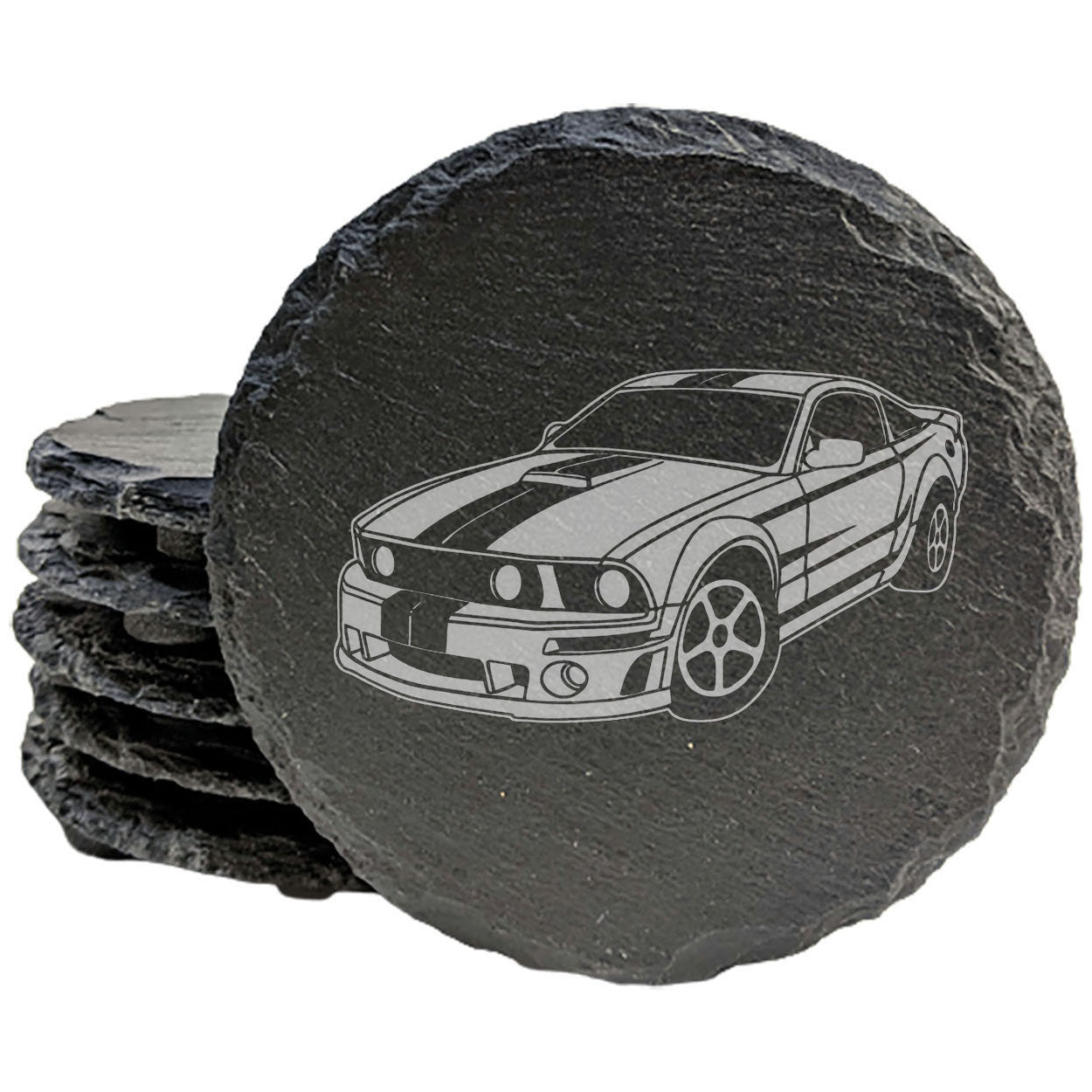Premium Rustic Slate Coasters Set | Laser-Etched Ford Mustang Design | Protective Rubber Feet | Stylish Home Decor & Drinkware