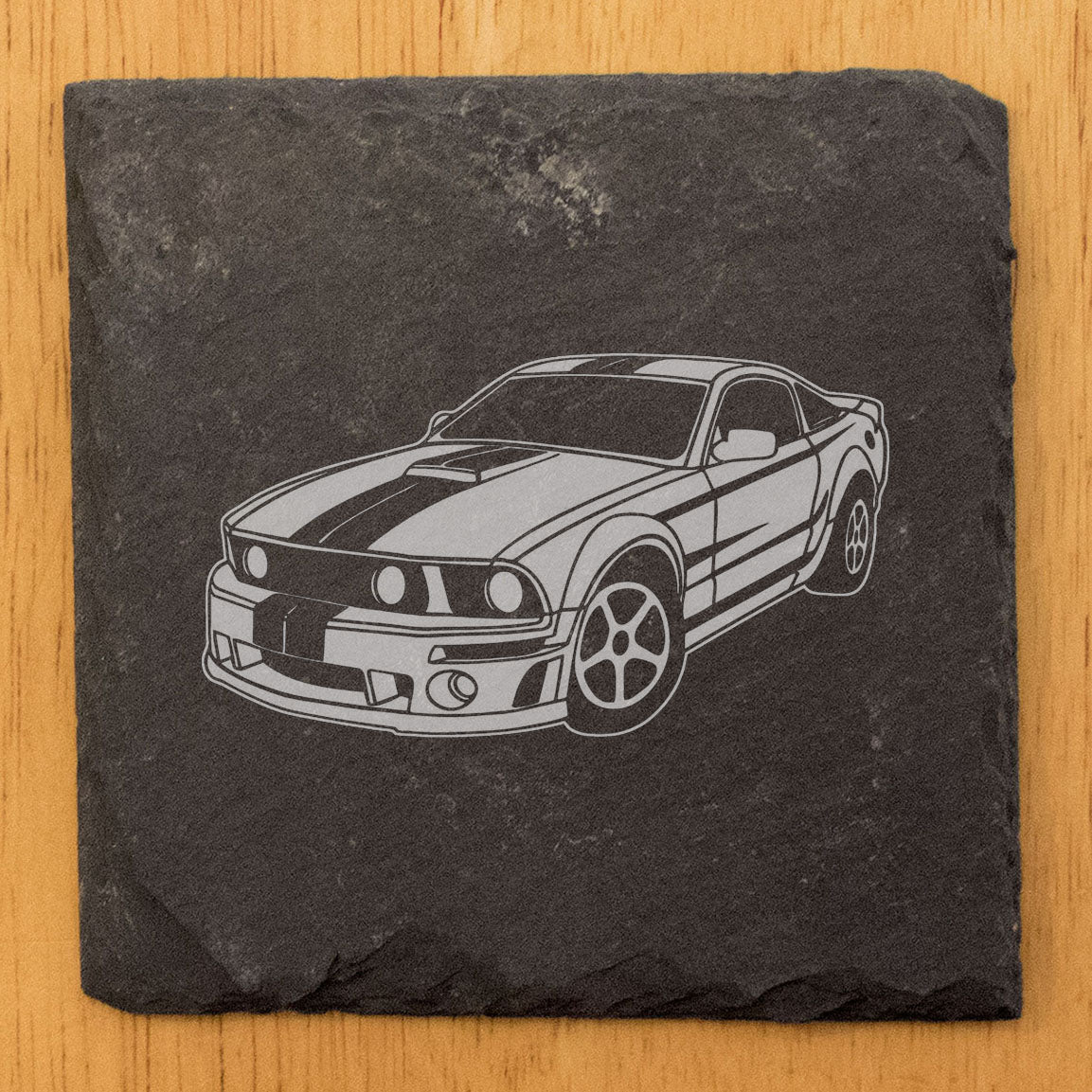 Premium Rustic Slate Coasters Set | Laser-Etched Ford Mustang Design | Protective Rubber Feet | Stylish Home Decor & Drinkware