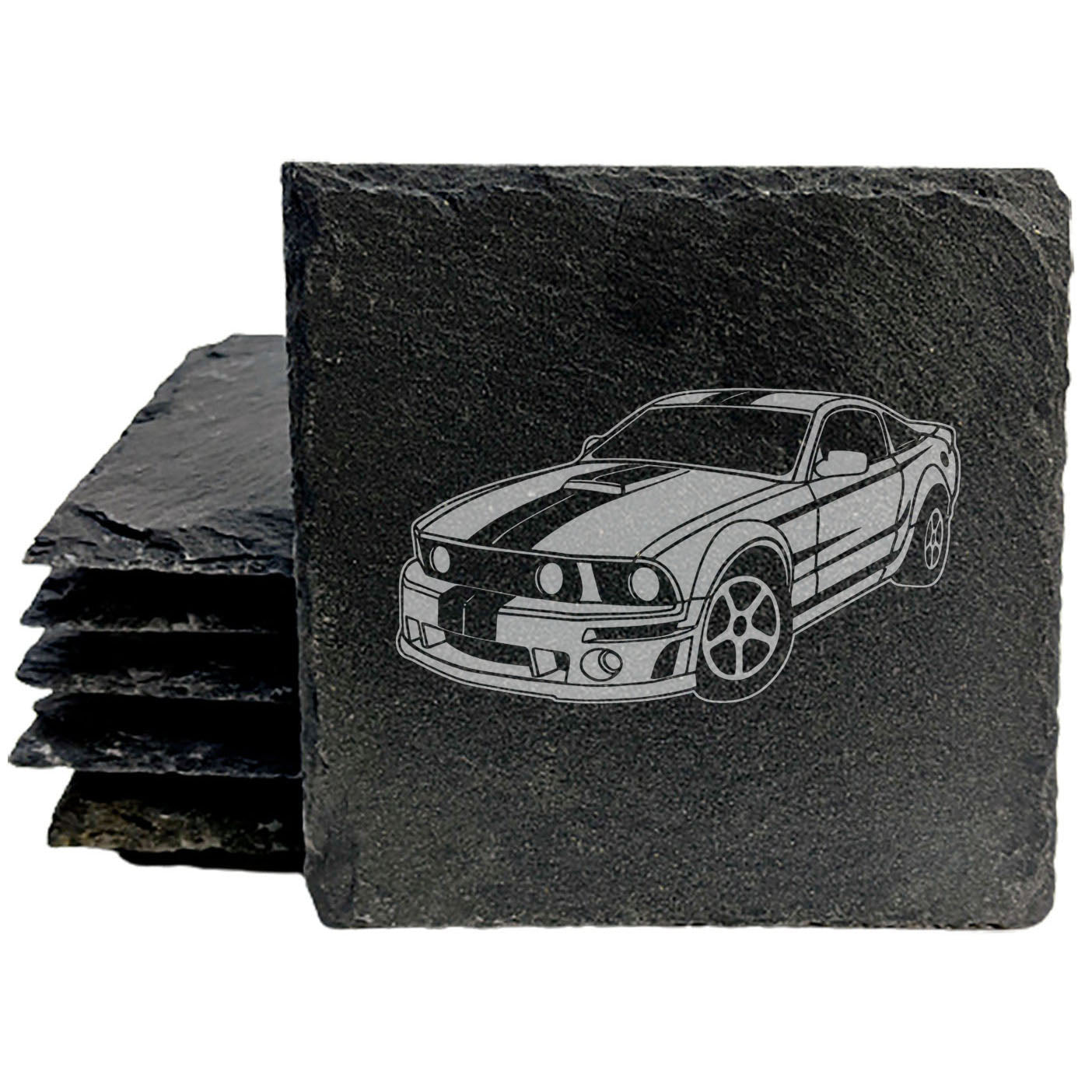 Premium Rustic Slate Coasters Set | Laser-Etched Ford Mustang Design | Protective Rubber Feet | Stylish Home Decor & Drinkware