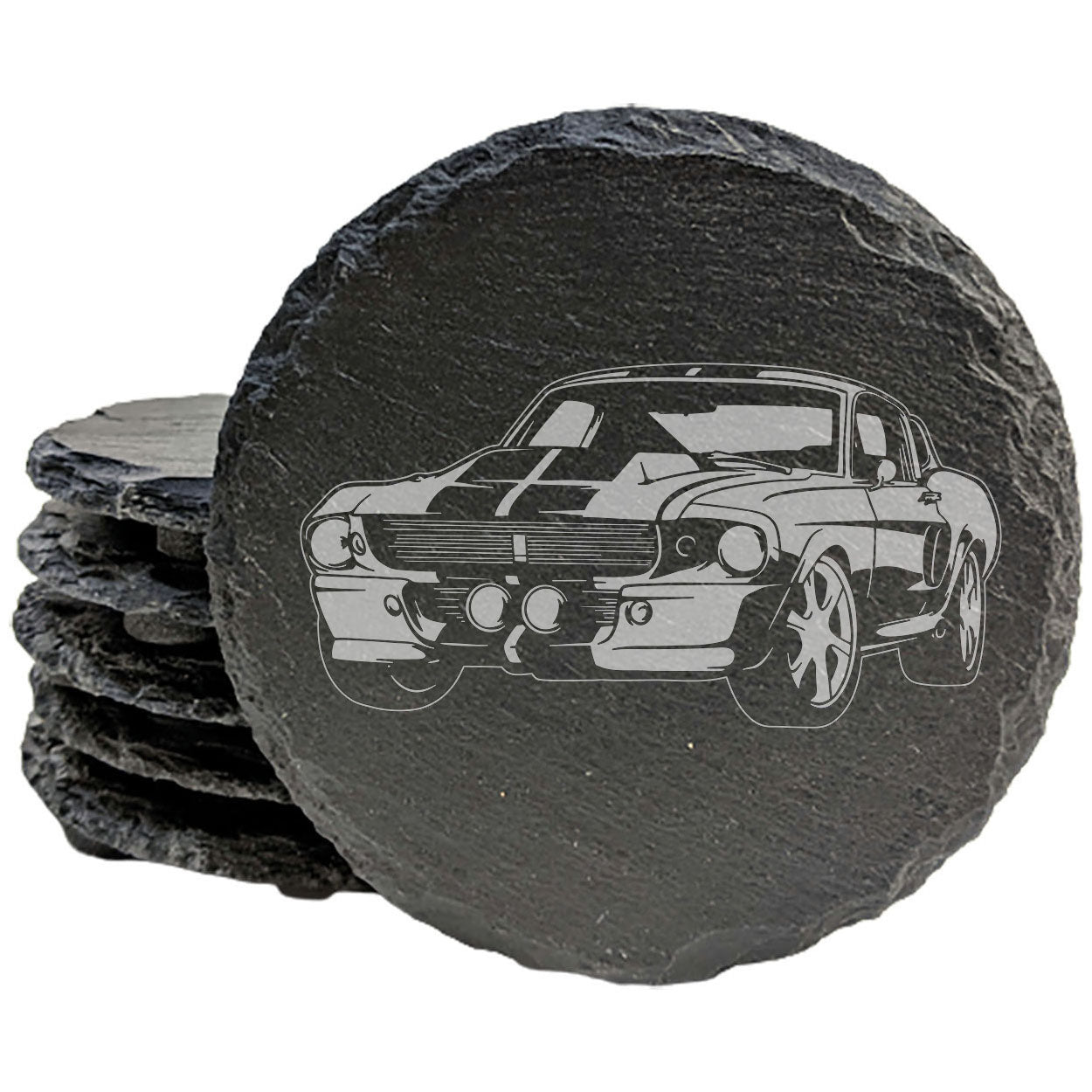 1967 Mustang Shelby GT500 "Eleanor" Design Rustic Gray Slate Coasters Set of 4 - Laser Etched, Natural Chipped Edge, Rubber Feet - Perfect Gift for Holidays, Birthdays, Housewarming - Made in USA