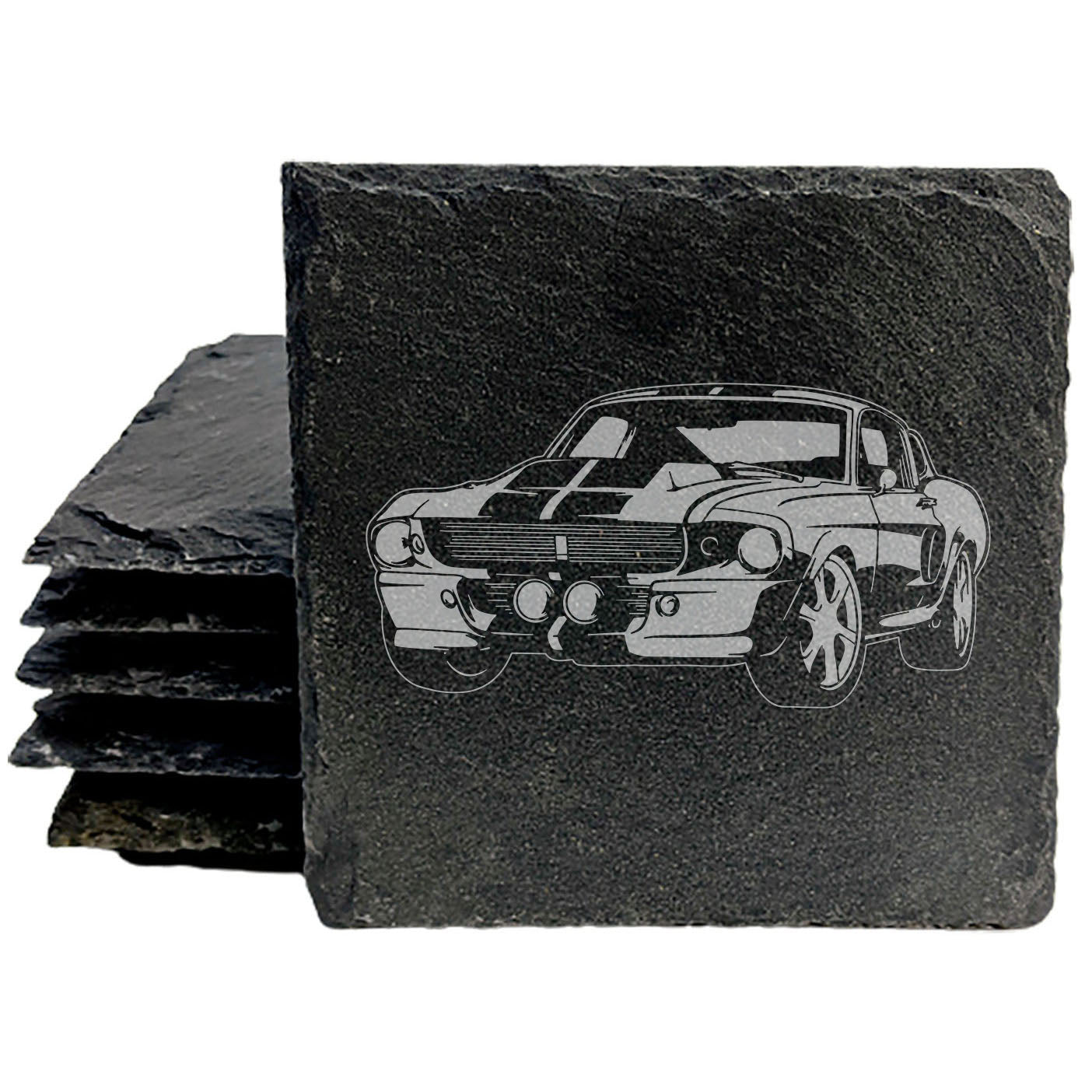 1967 Mustang Shelby GT500 "Eleanor" Design Rustic Gray Slate Coasters Set of 4 - Laser Etched, Natural Chipped Edge, Rubber Feet - Perfect Gift for Holidays, Birthdays, Housewarming - Made in USA