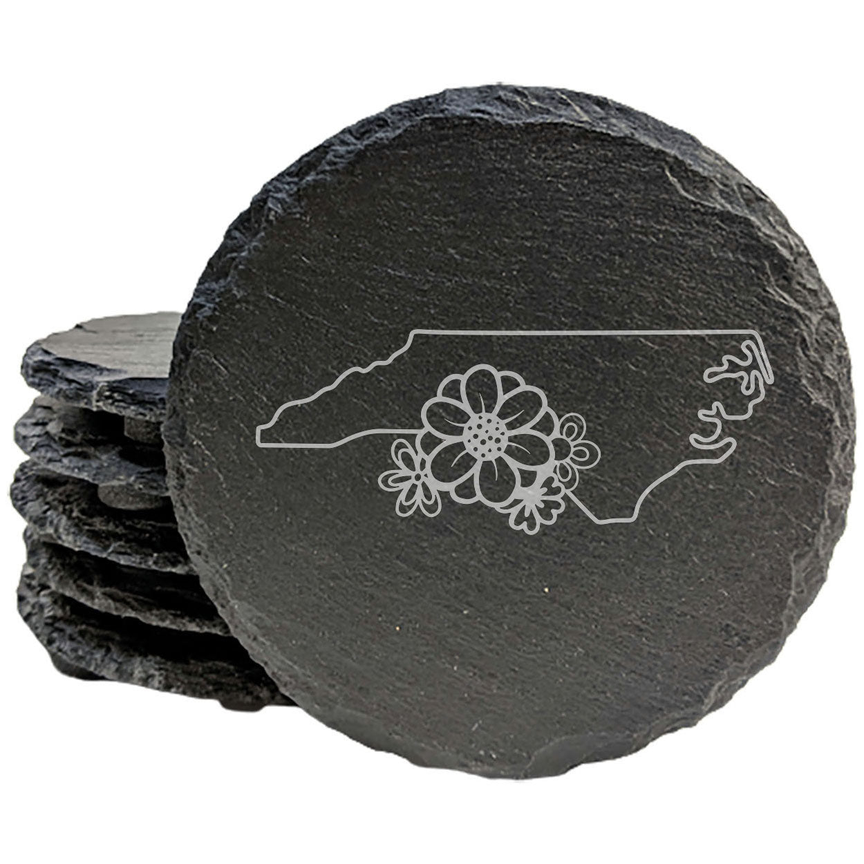 Rustic Slate Coasters Set of 4 - North Carolina Design, 4" Round/Square, Natural Chipped Edge, Rubber Feet, - Perfect for Holidays, Birthdays, Housewarming - Made in Oregon, USA