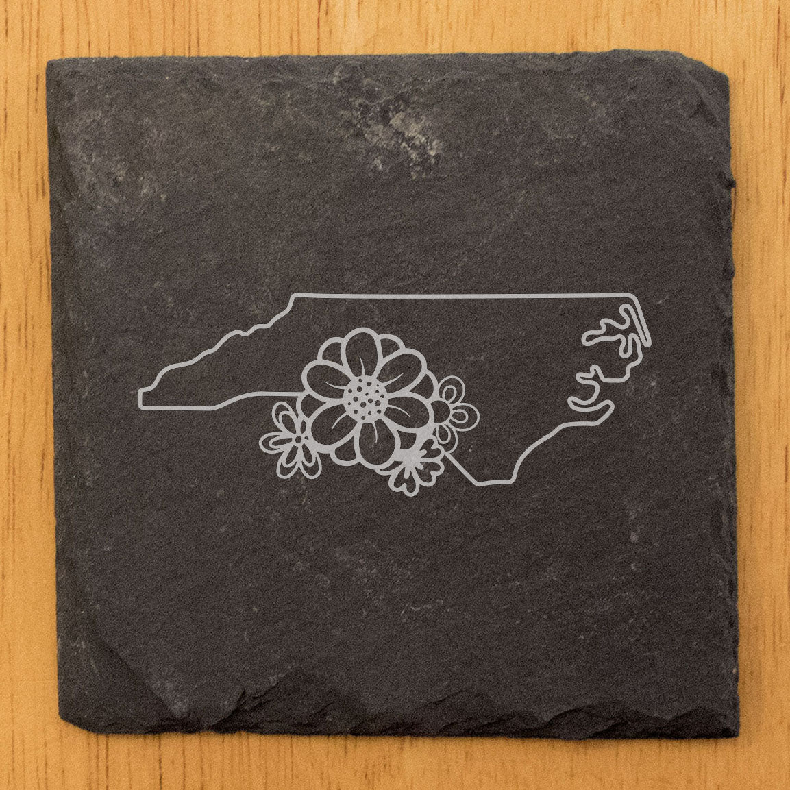 Rustic Slate Coasters Set of 4 - North Carolina Design, 4" Round/Square, Natural Chipped Edge, Rubber Feet, - Perfect for Holidays, Birthdays, Housewarming - Made in Oregon, USA