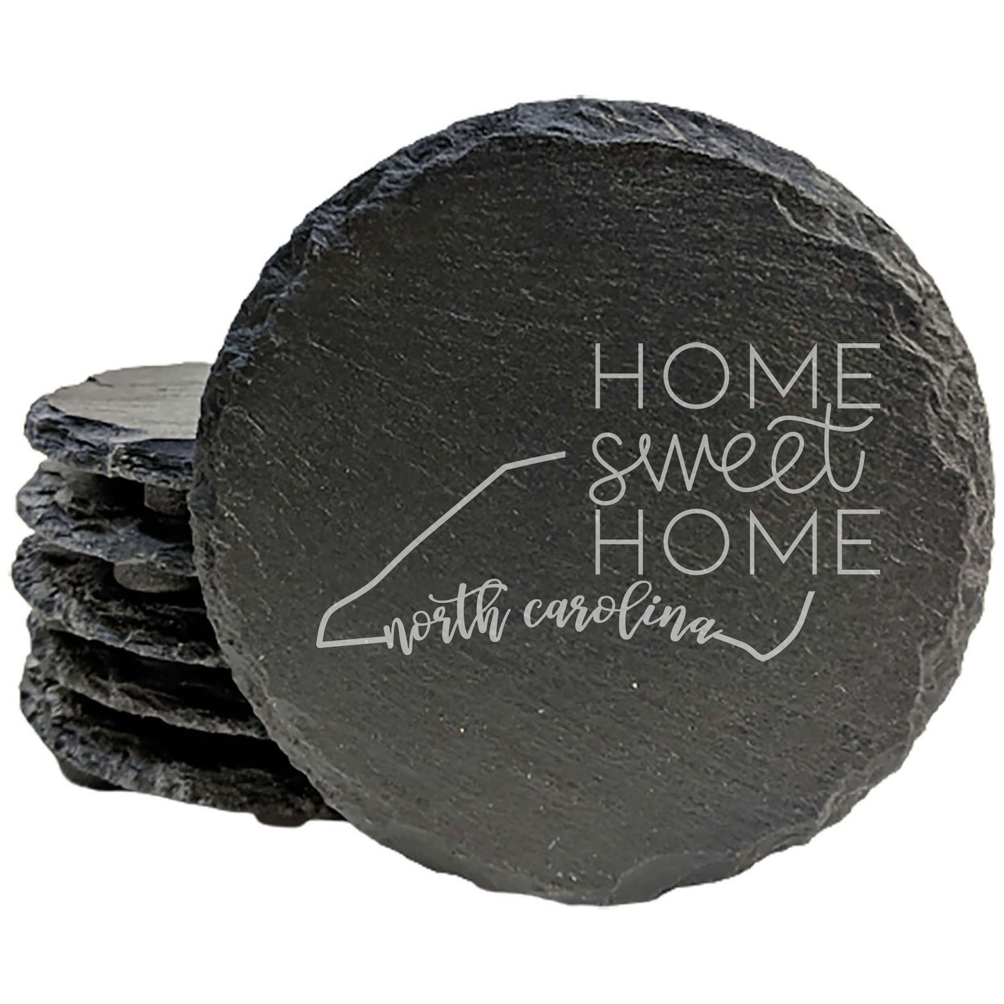 Rustic Slate Coasters Set of 4, Round 4" with North Carolina 'Home Sweet Home' Design, Perfect Gift for Holidays, Birthdays, Housewarming, She-Shed, Man Cave, Made in Oregon, USA, Natural Edge