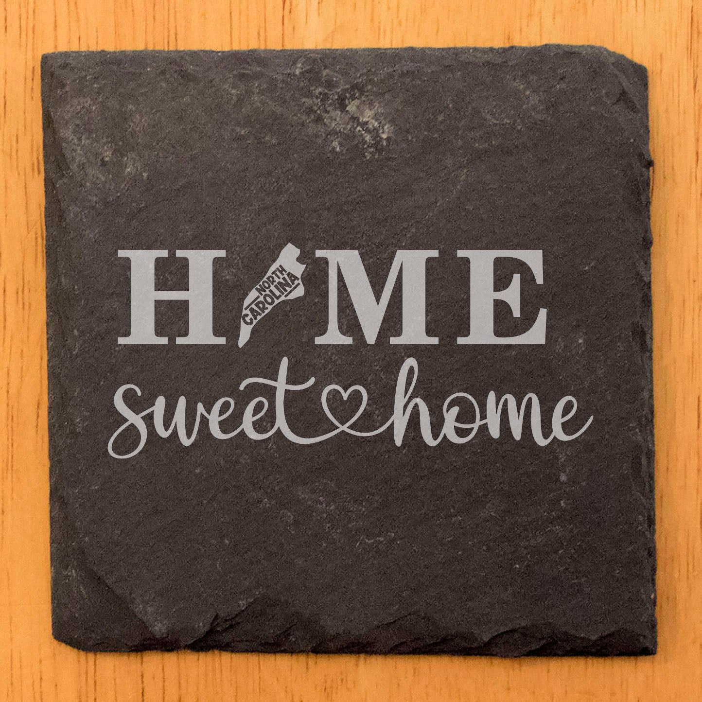 Rustic Slate Coasters Set of 4, Round 4" with 'HOME SWEET HOME' North Carolina Design, Perfect Gift for Holidays, Birthdays, Housewarming, She-Shed, Man Cave, Made in Oregon, USA, Natural Edge