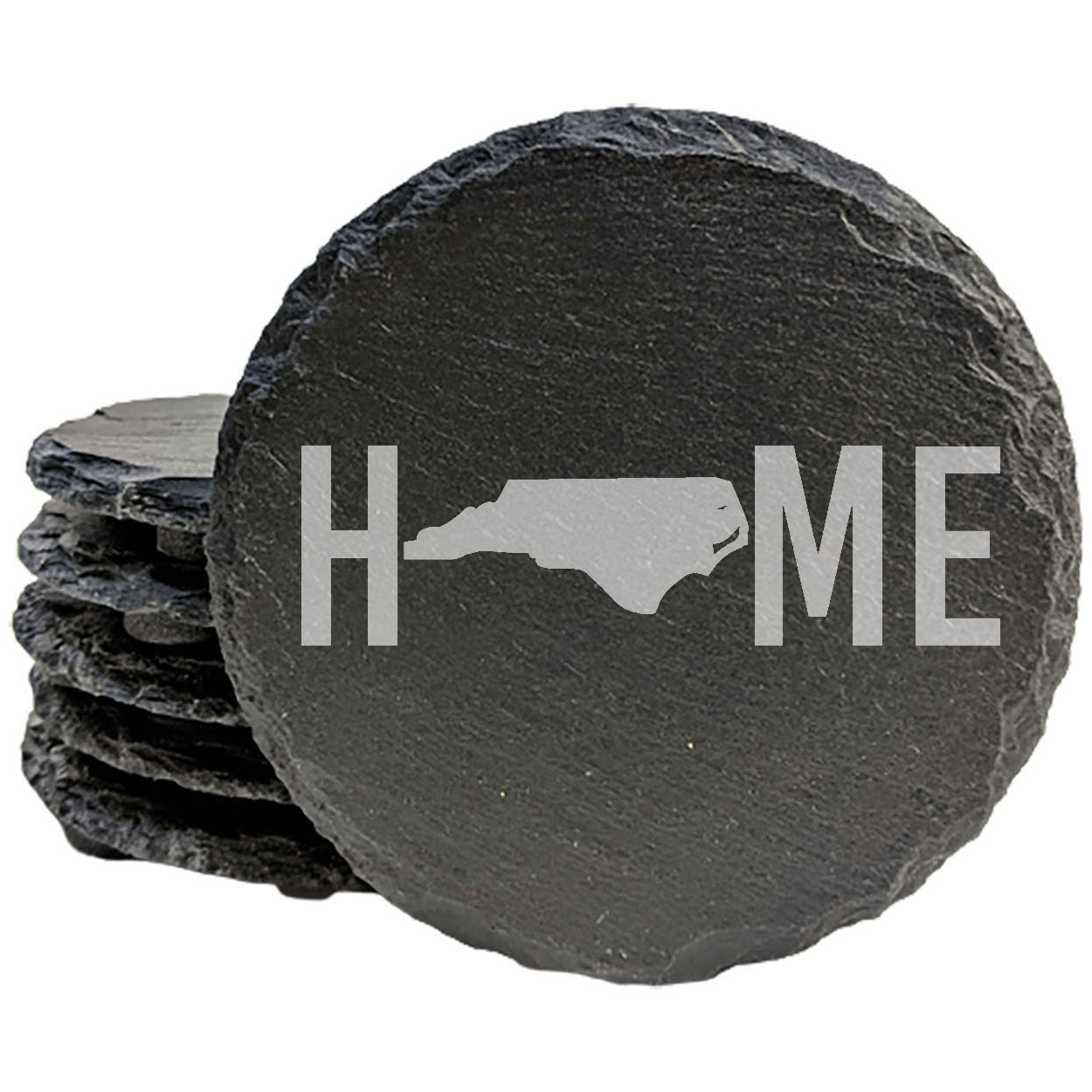 Rustic Slate Coasters Set of 4 - Laser Etched 'HOME' Design with North Carolina Shape - Perfect for Holidays, Birthdays, Housewarming - 4" Round, Natural Chipped Edge, Rubber Feet - Made in USA