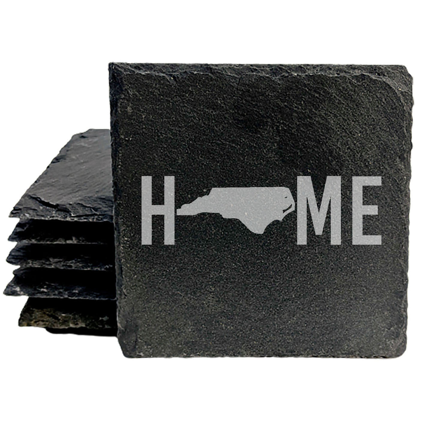 Rustic Slate Coasters Set of 4 - Laser Etched 'HOME' Design with North Carolina Shape - Perfect for Holidays, Birthdays, Housewarming - 4" Round, Natural Chipped Edge, Rubber Feet - Made in USA