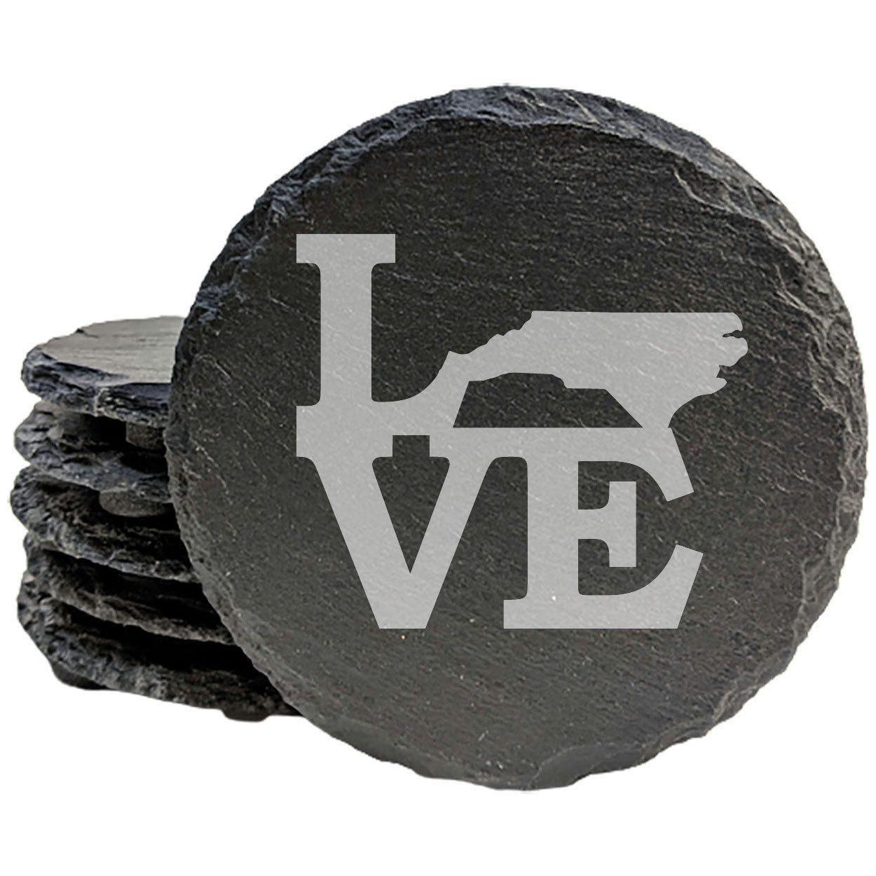 Rustic Slate Coasters Set of 4, Round 4" with 'LOVE' North Carolina Design, Perfect for Holidays, Birthdays, Housewarming Gifts, She-Shed or Man Cave, Made in Oregon, USA, Natural Chipped Edge