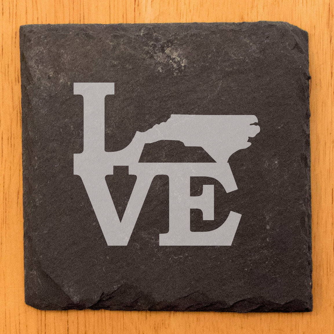 Rustic Slate Coasters Set of 4, Round 4" with 'LOVE' North Carolina Design, Perfect for Holidays, Birthdays, Housewarming Gifts, She-Shed or Man Cave, Made in Oregon, USA, Natural Chipped Edge