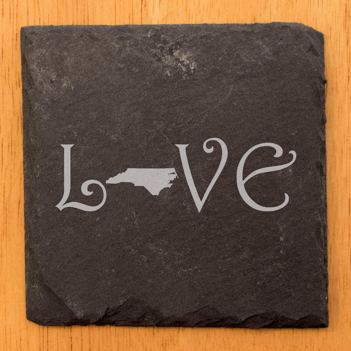 Rustic Slate Coasters Set of 4, Square, Laser Etched 'LOVE' Design with North Carolina Shape, Perfect Gift for Holidays, Birthdays, Housewarming, She-Shed, Man Cave, Made in Oregon, USA, 4" Size