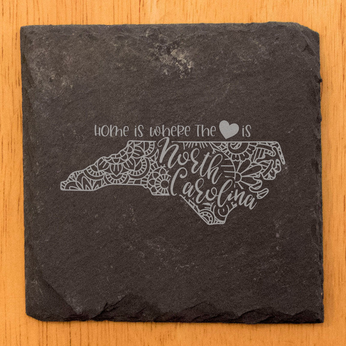 Rustic Slate Coasters Set of 4, Round 4" with North Carolina Mandala Design, 'Home is Where the Heart Is' Quote, Perfect Gift for Holidays, Birthdays, Housewarming, Made in Oregon, USA
