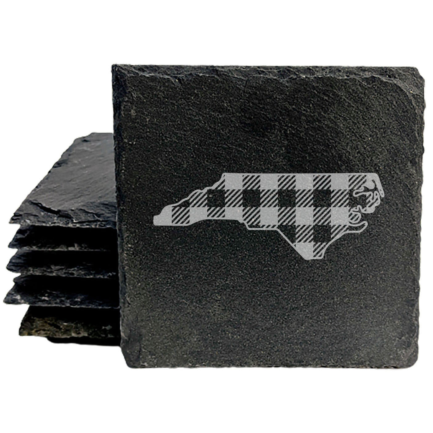 Rustic Slate Coasters Set of 4, Round 4" with North Carolina Plaid Design, Perfect for Holidays, Birthdays, Housewarming Gifts, She-Shed or Man Cave, Made in Oregon, USA, Natural Chipped Edge