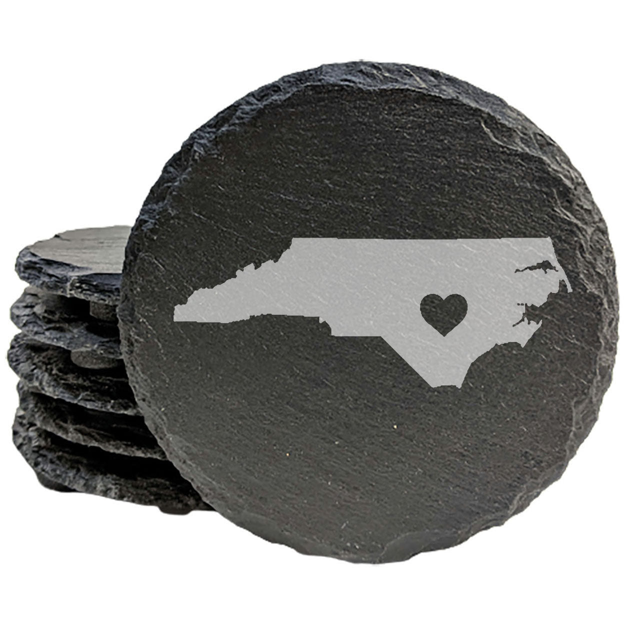 Rustic Slate Coasters Set of 4, Round 4" with North Carolina Heart Design, Perfect for Holidays, Birthdays, Housewarming Gifts, She-Shed or Man Cave, Made in Oregon, USA, Natural Chipped Edge
